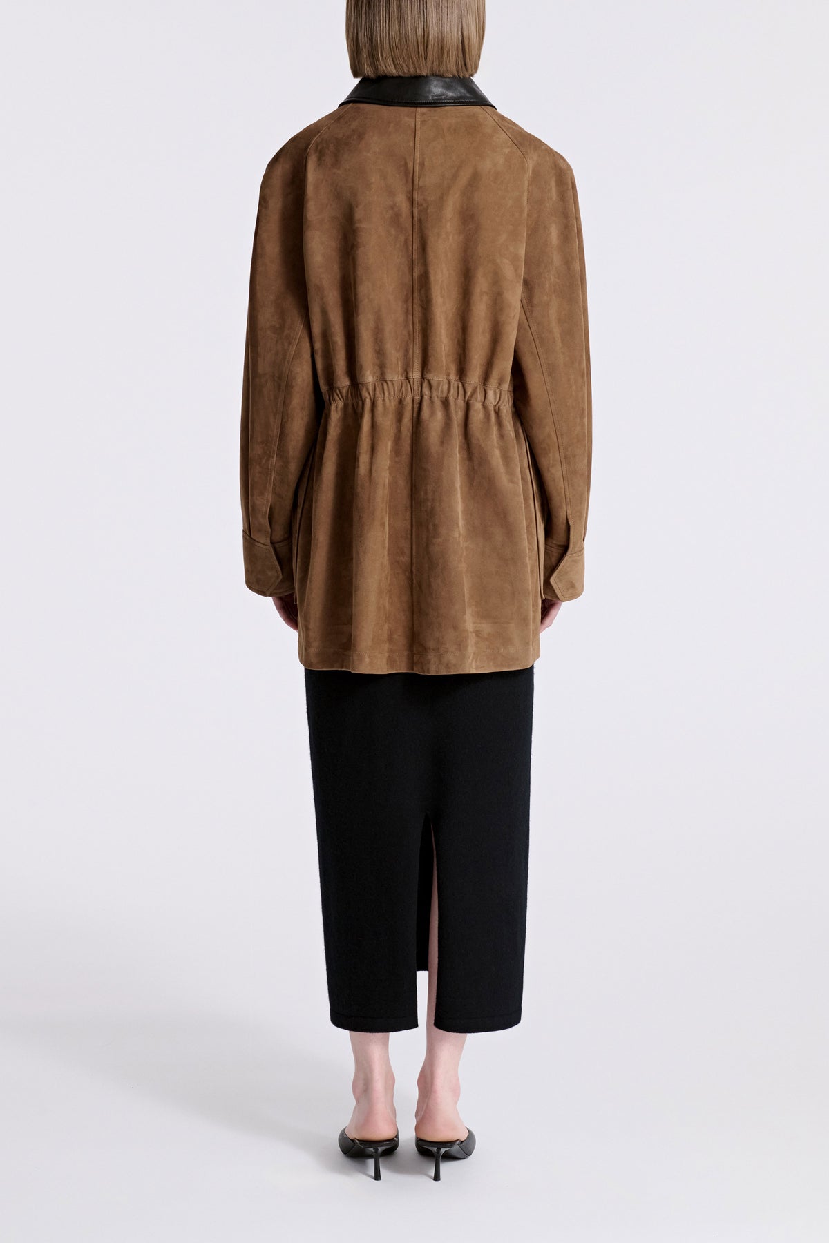Model is Wearing Nour Hammour Grange Workwear Suede Jacket Tobacco- Back