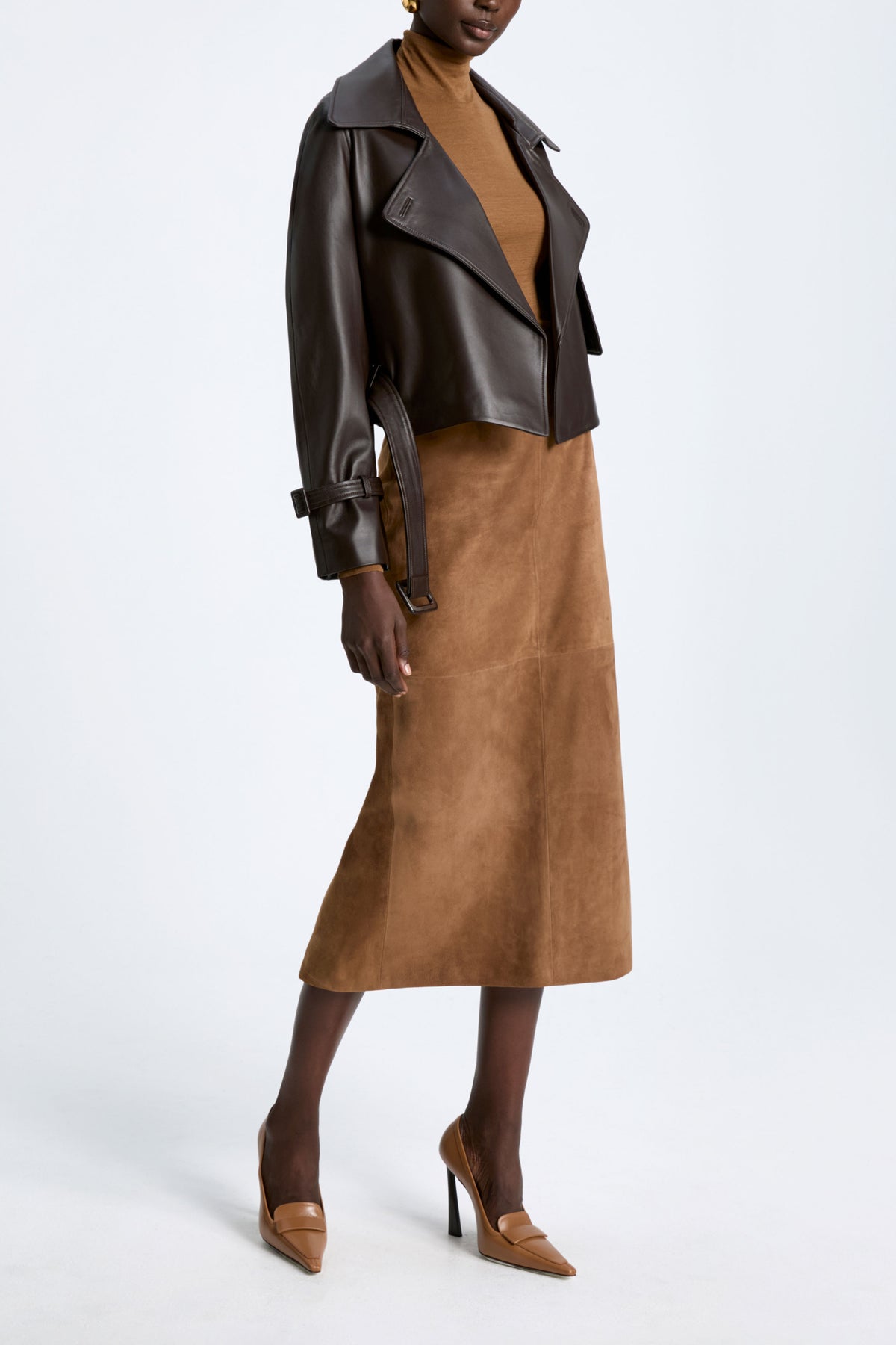 Model is Wearing Nour Hammour Hatti Cropped Leather Jacket Dark Chocolate - Three Quarters Open