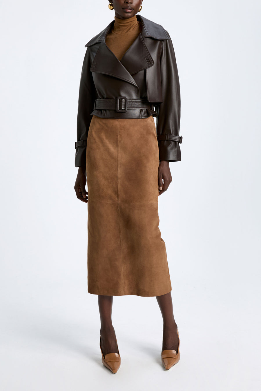 Model is Wearing Nour Hammour Hatti Cropped Leather Jacket Dark Chocolate - Front