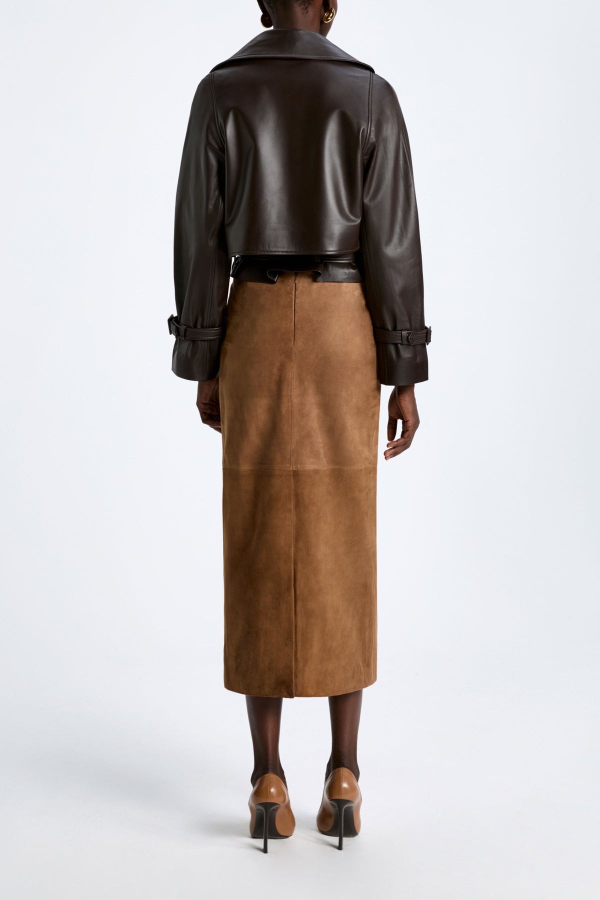 Model is Wearing Nour Hammour Hatti Cropped Leather Jacket Dark Chocolate - Back