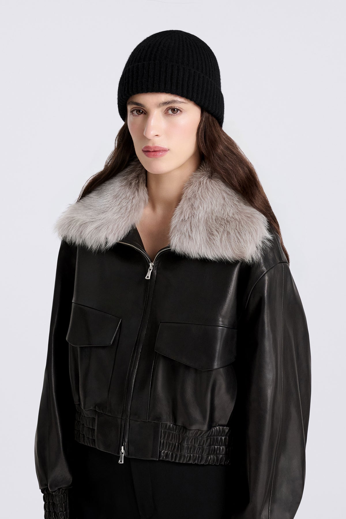 Model is Wearing Nour Hammour Jace Ribbed Cashmere Beanie Black - Front