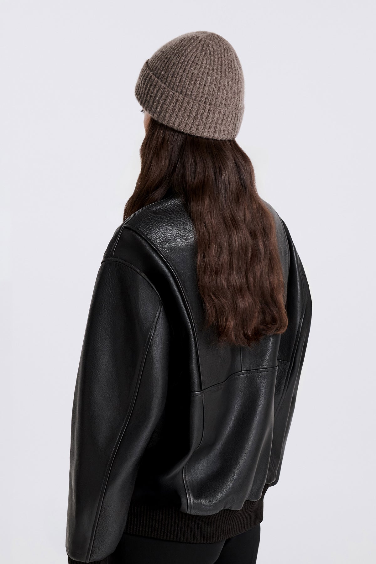 Model is Wearing Nour Hammour Jace Ribbed Cashmere Beanie Mink - Back