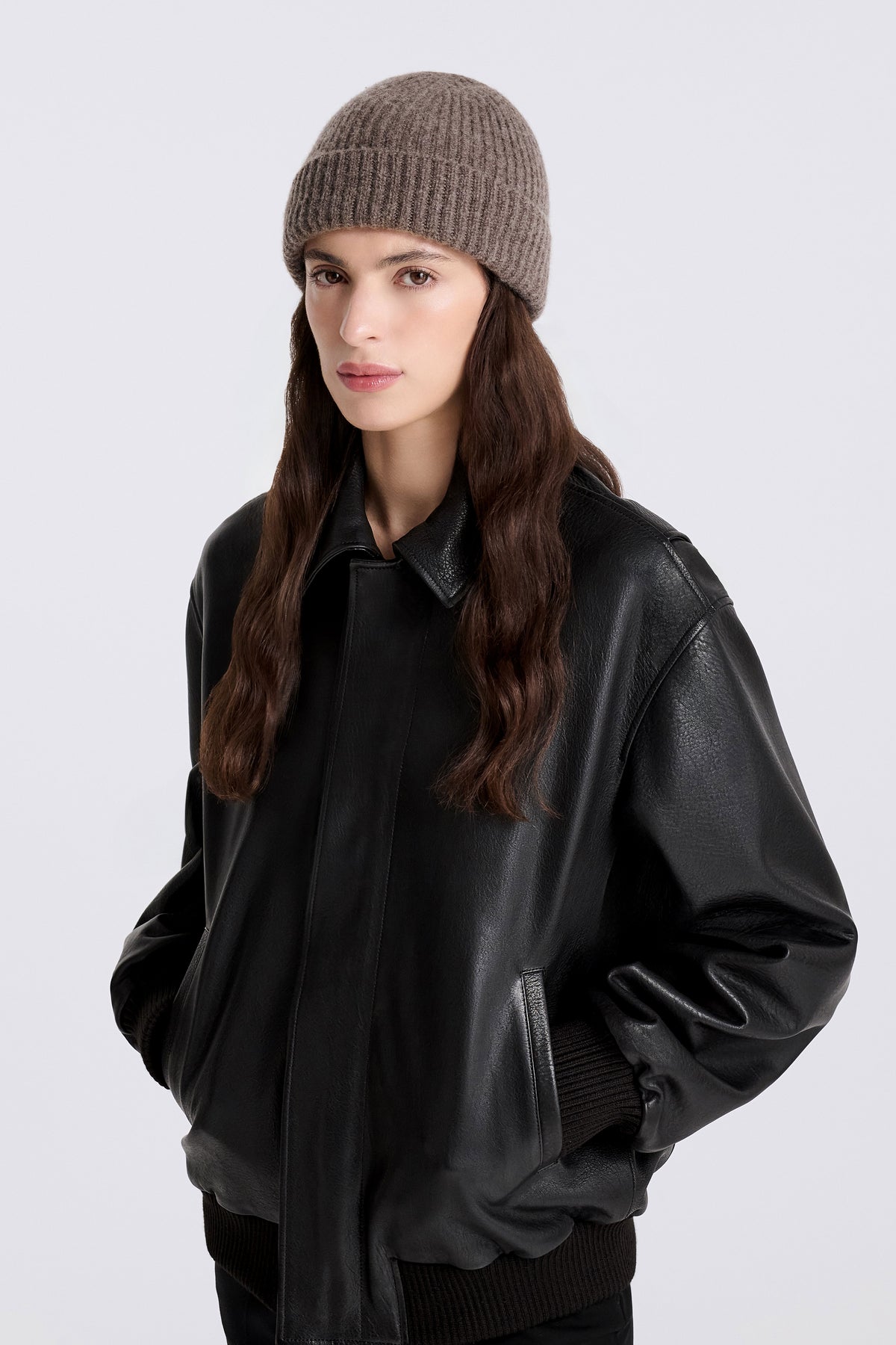 Model is Wearing Nour Hammour Jace Ribbed Cashmere Beanie Mink - Front