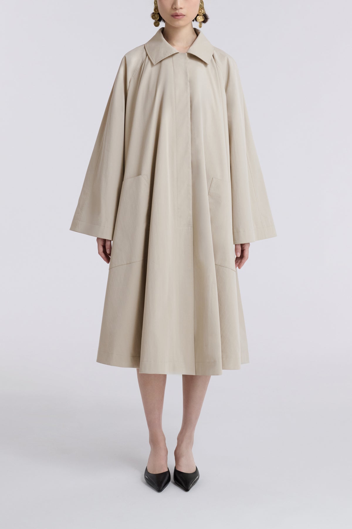Model is Wearing Nour Hammour Jane Graceful Cotton Coat Desert - Front
