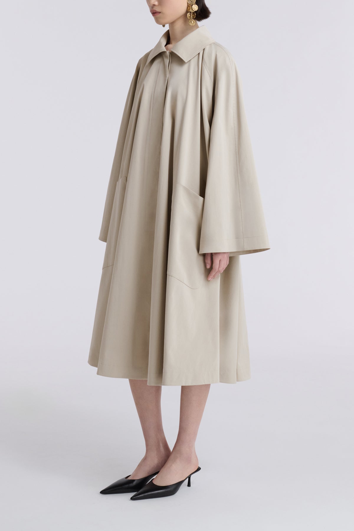 Model is Wearing Nour Hammour Jane Graceful Cotton Coat Desert - Three Quarters