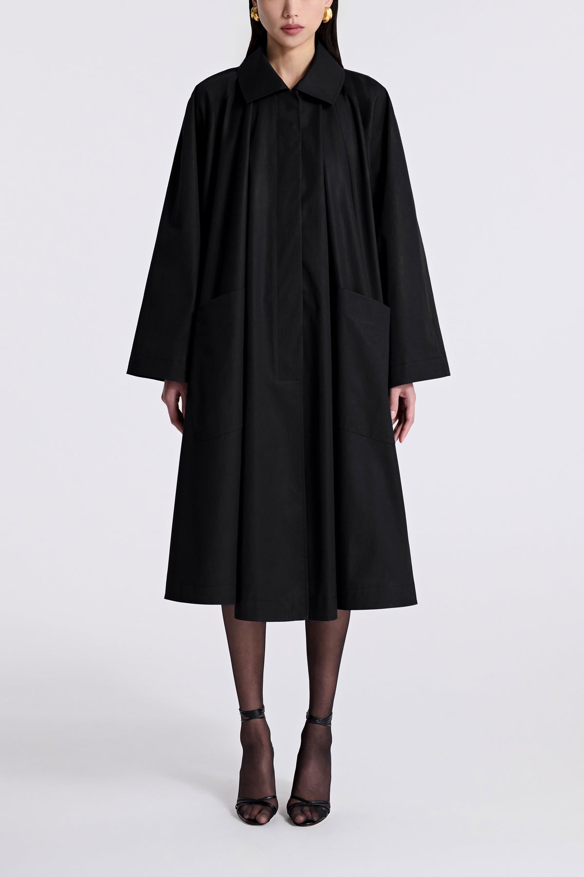 Model is Wearing Nour Hammour Jane Graceful Cotton Coat Black - Front