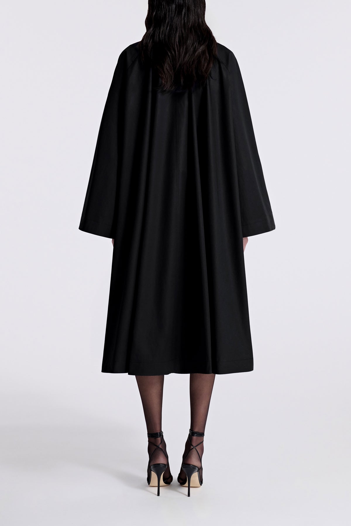 Model is Wearing Nour Hammour Jane Black Graceful Cotton Coat Black - Back