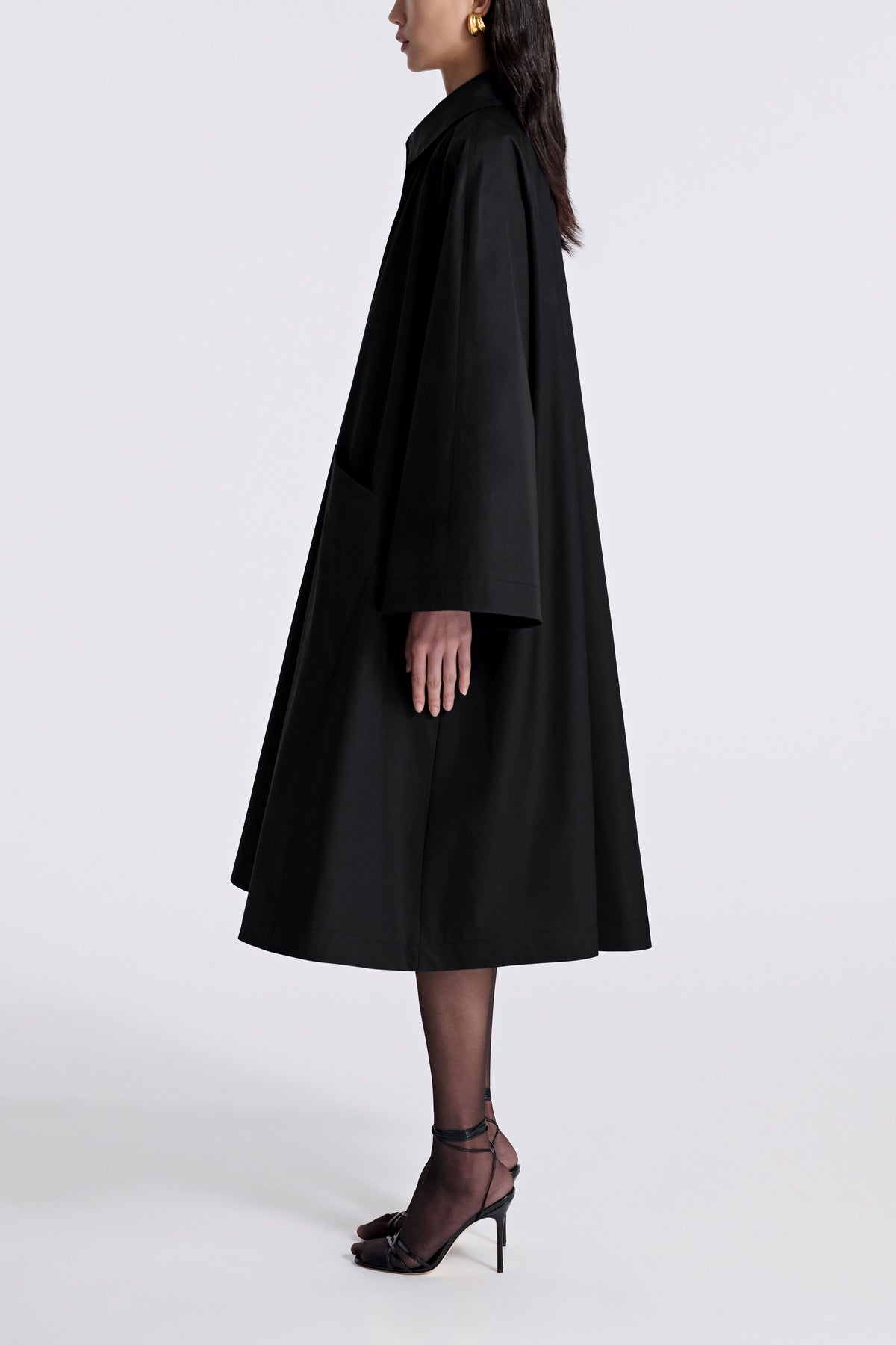 Model is Wearing Nour Hammour Jane Black Graceful Cotton Coat Black - Side