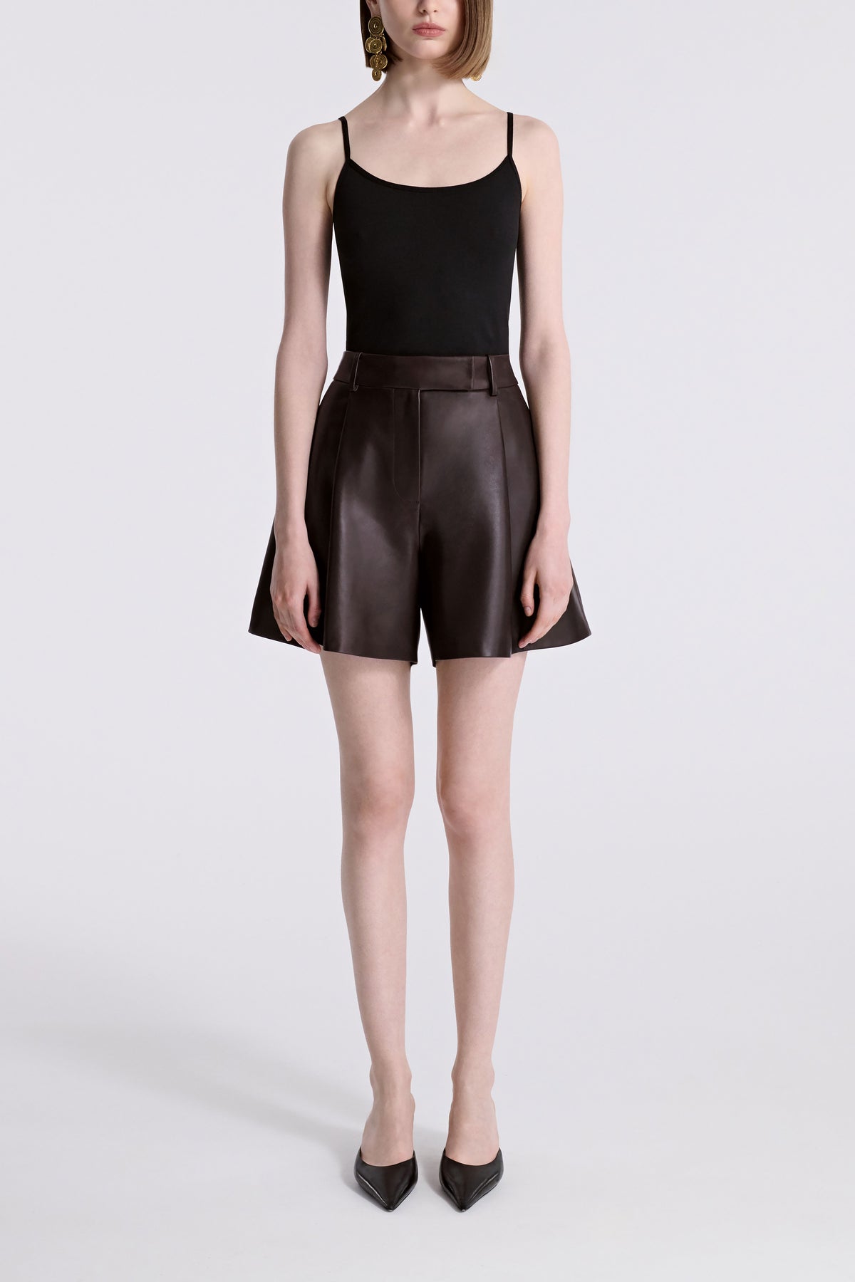Model is Wearing Nour Hammour Jonah High Waist Leather Short Brown - Front