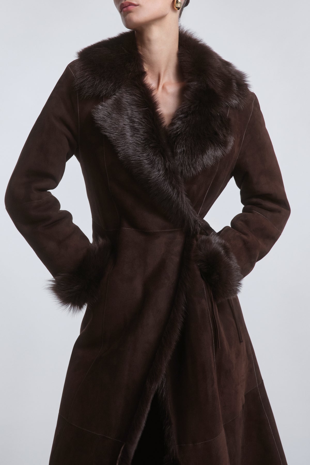 Model is Wearing the Nour Hammour Joni Off-Duty Shearling Essential Coat Affogato - Close Up