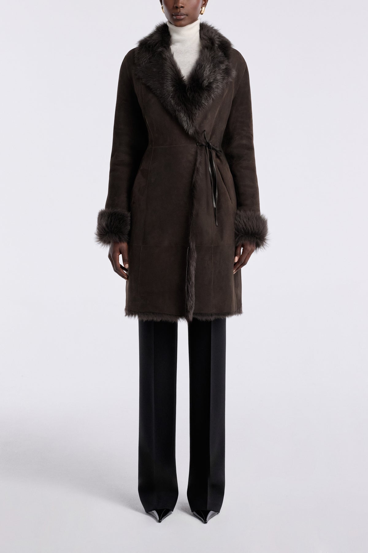 Model is Wearing Nour Hammour Joni Mid-Length Feminine Shearling Coat Ombre - Front Closed