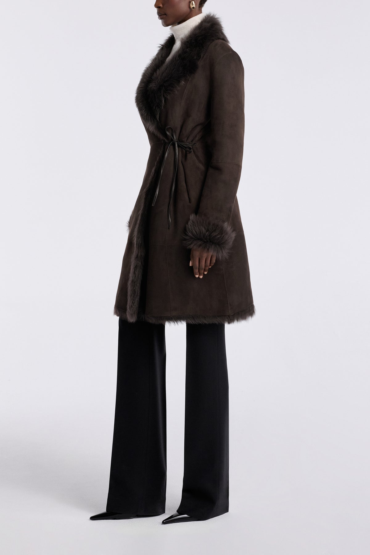 Model is Wearing Nour Hammour Joni Mid-Length Feminine Shearling Coat Ombre - Three Quarters