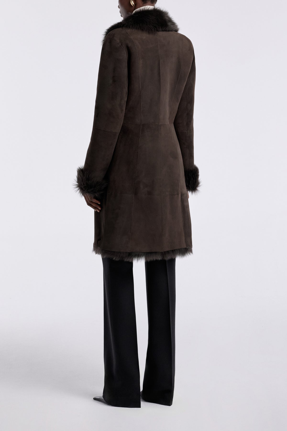 Model is Wearing Nour Hammour Joni Mid-Length Feminine Shearling Coat Ombre - Back