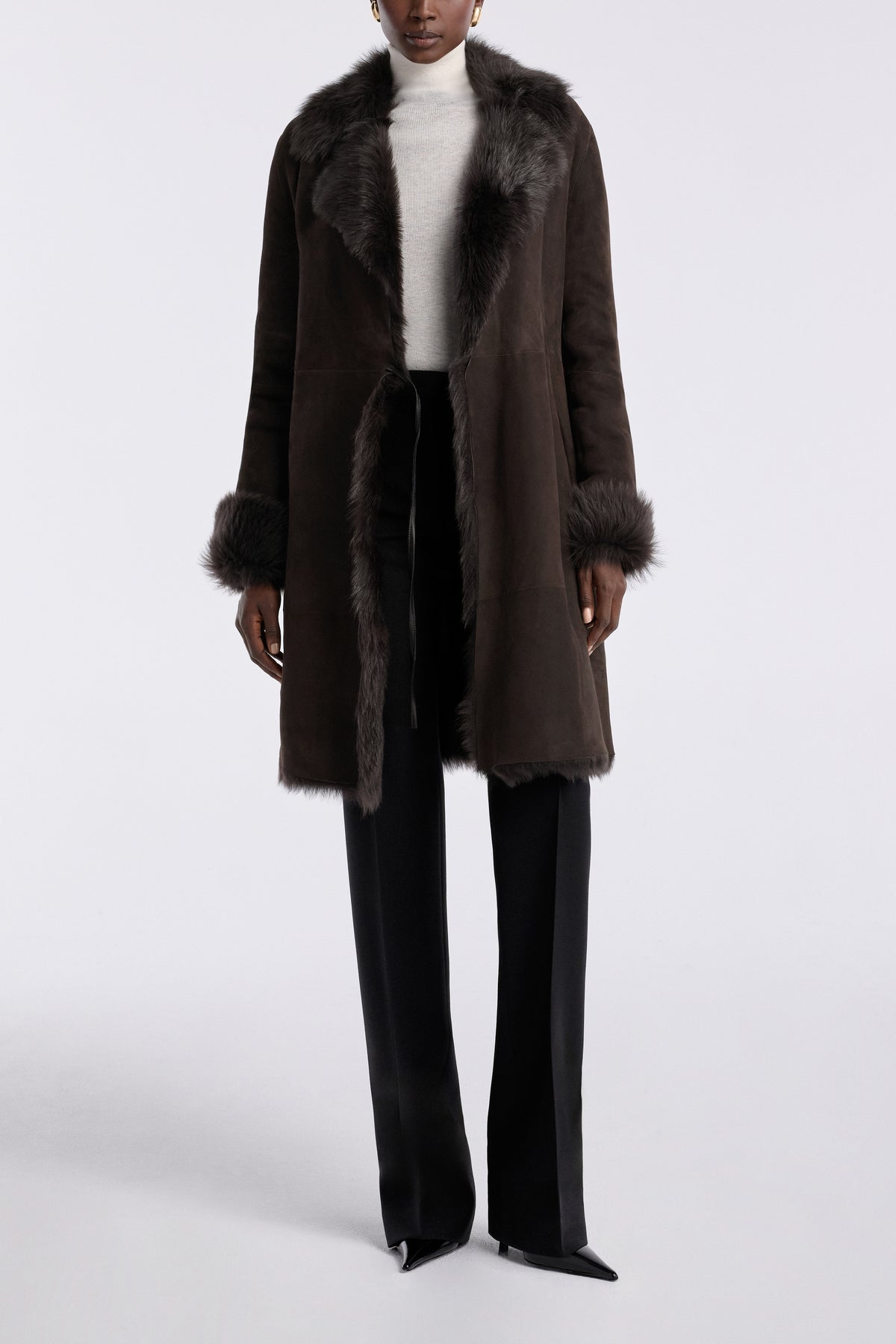Model is Wearing Nour Hammour Joni Mid-Length Feminine Shearling Coat Ombre - Front Open