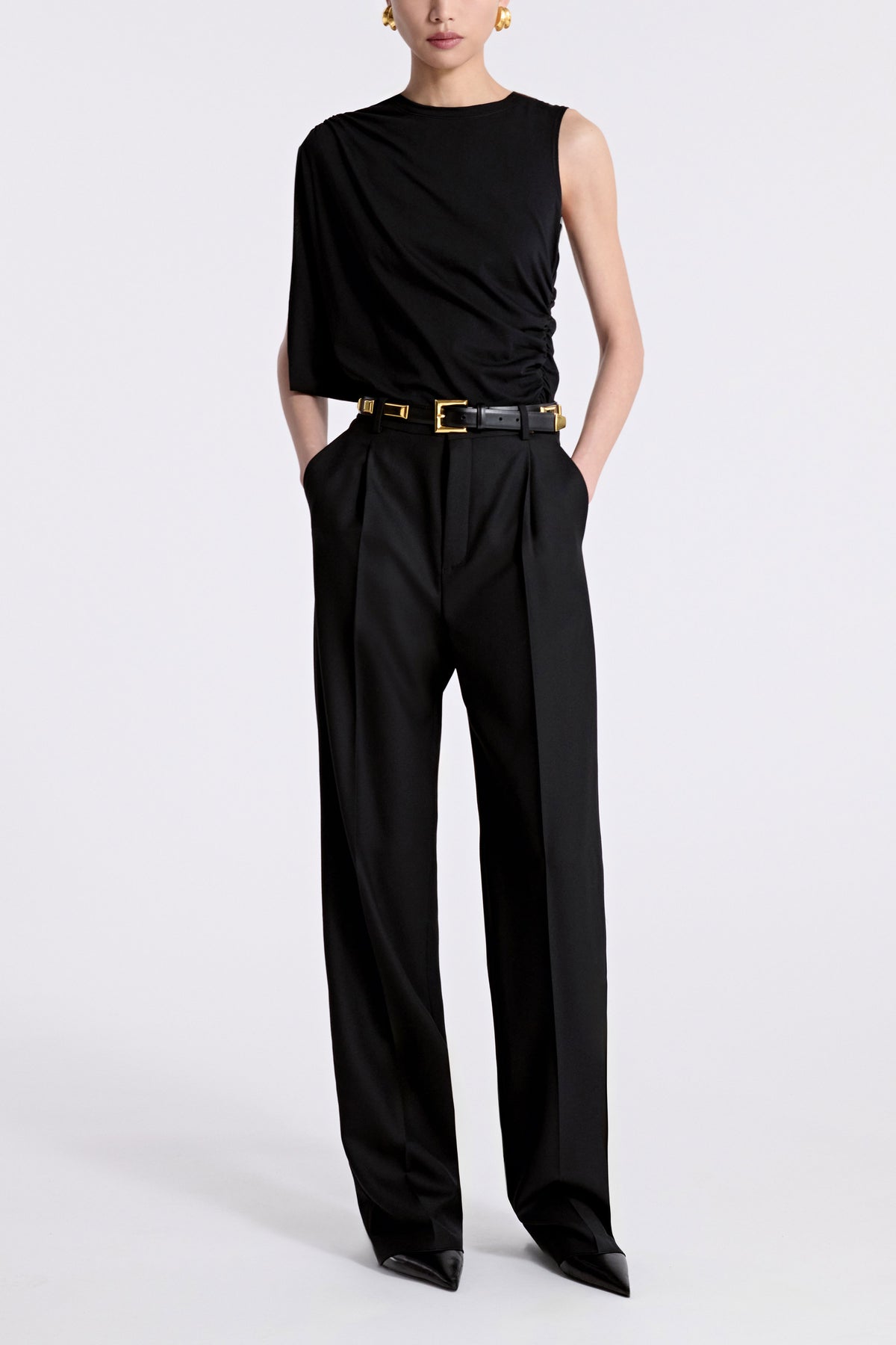 Model is Wearing Nour Hammour Josephine Embellished Leather Belt Black & Gold -  Front