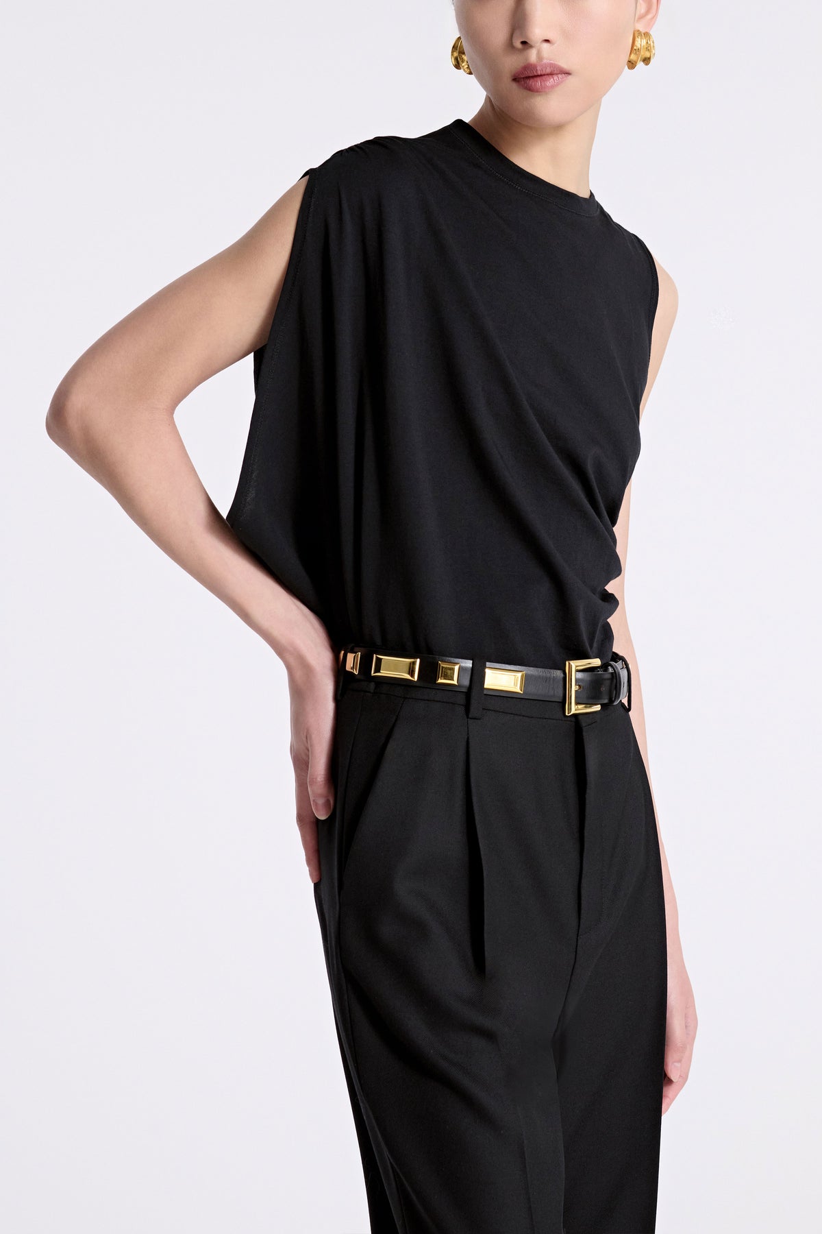 Model is Wearing Nour Hammour Josephine Embellished Leather Belt Black & Gold - Detail
