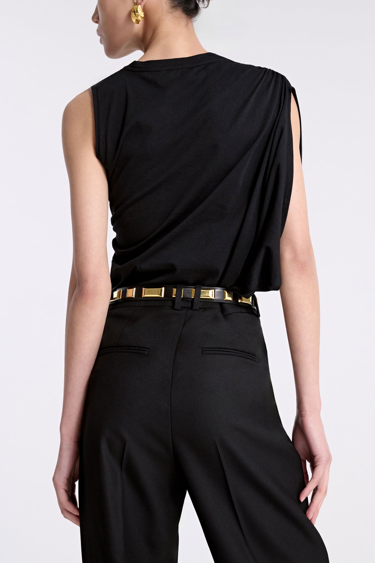 Model is Wearing Nour Hammour Josephine Embellished Leather Belt Black & Gold - Back