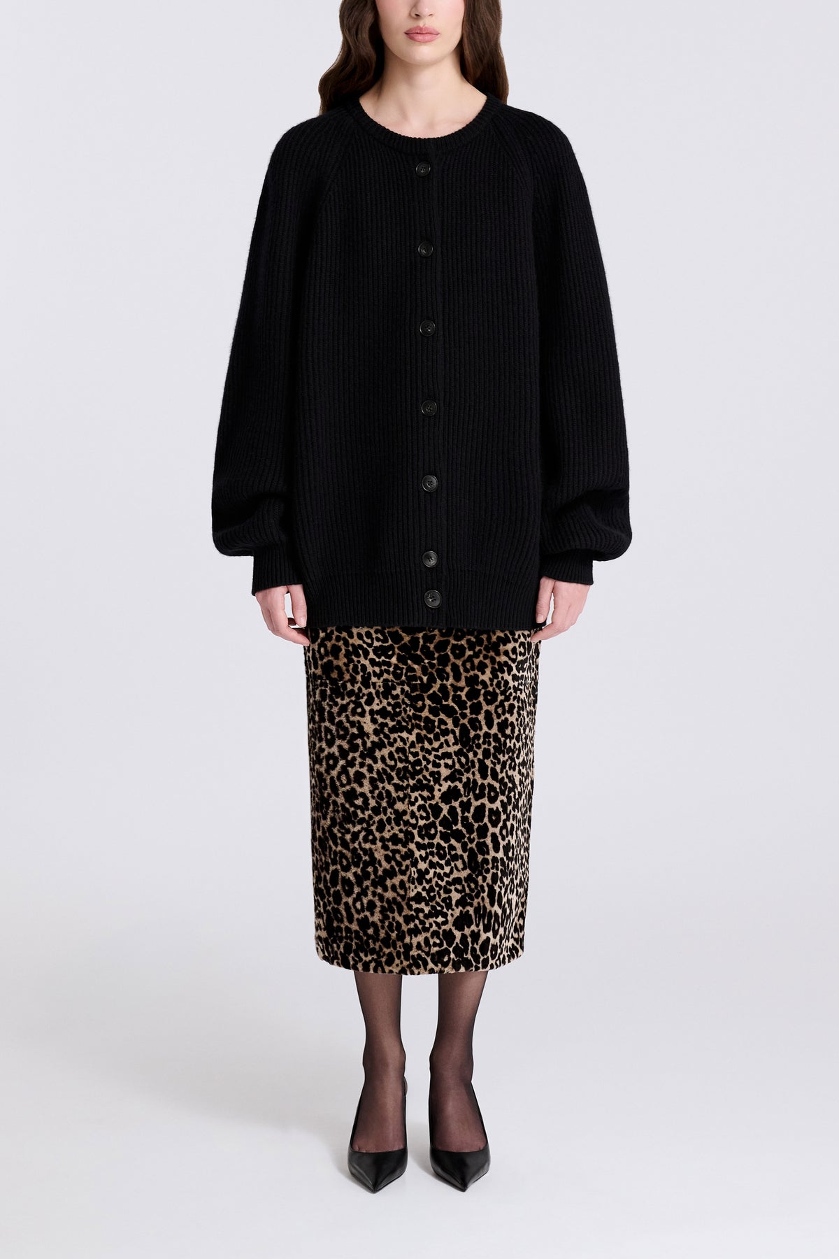 Model is Wearing Nour Hammour Laurel Cashmere Cardigan Black - Front