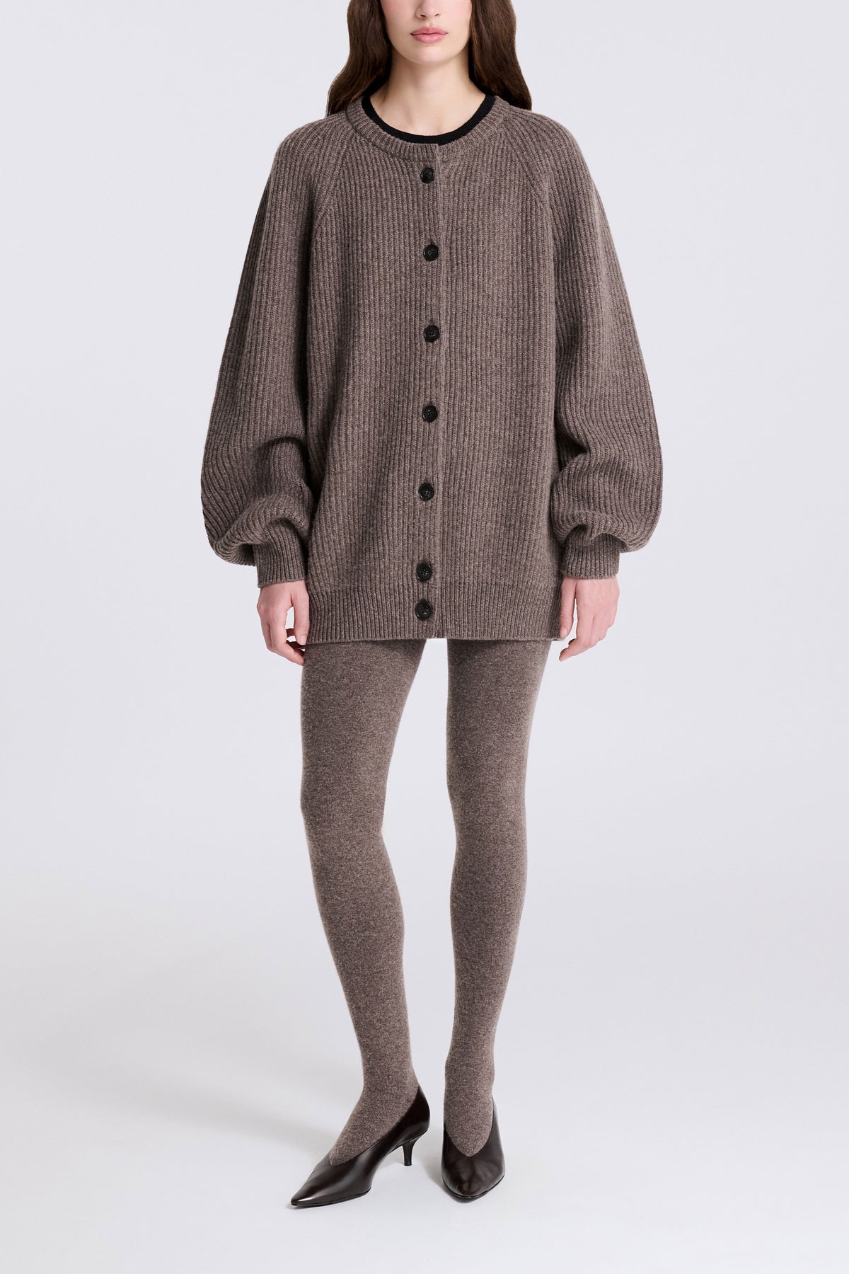 Model is Wearing Nour Hammour Laurel Cashmere Cardigan Mink - Front