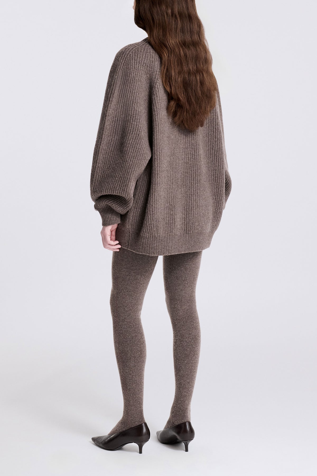 Model is Wearing Nour Hammour Laurel Cashmere Cardigan Mink - Back