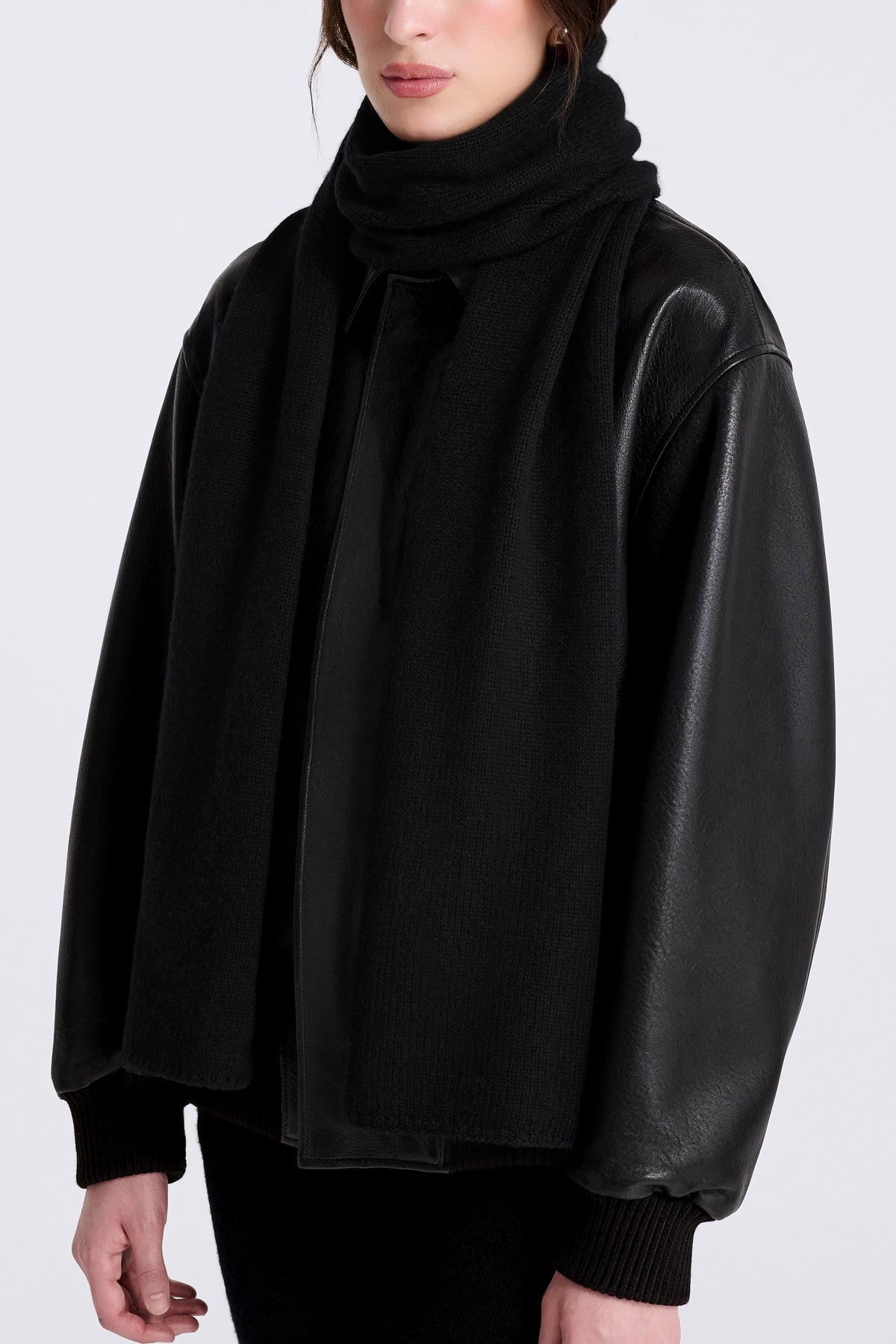 Model is Wearing Nour Hammour Leni Cashmere Scarf Black - Front