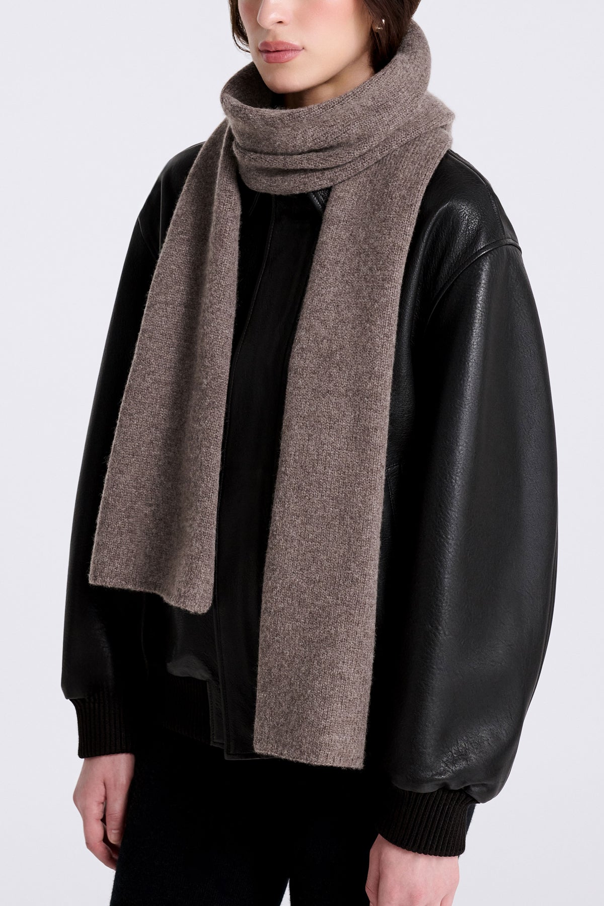 Model is Wearing Nour Hammour Leni Cashmere Scarf Mink - Front