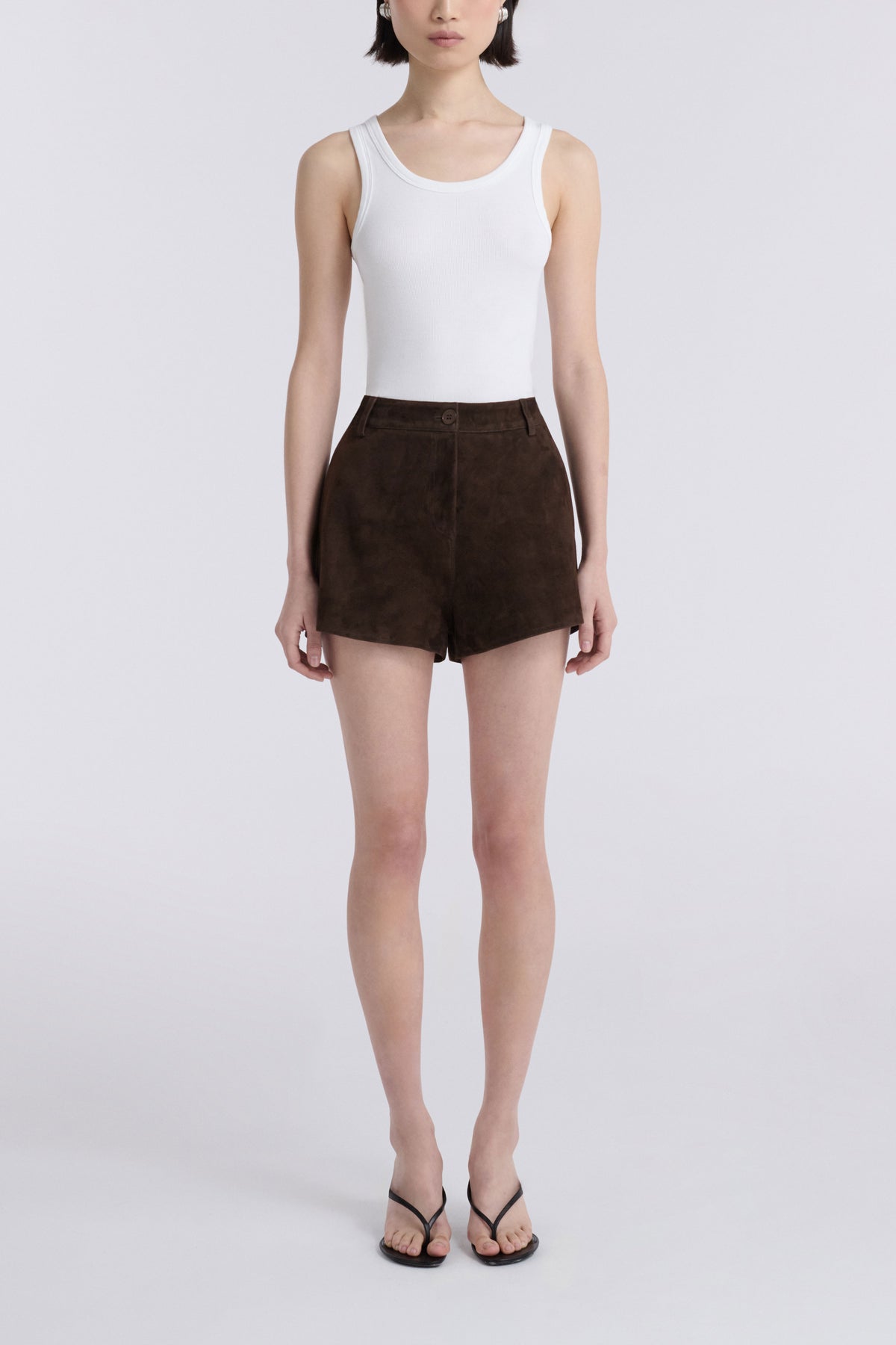 Model is Wearing Nour Hammour Leontine Tailored Mini Shorts Mocha - Front