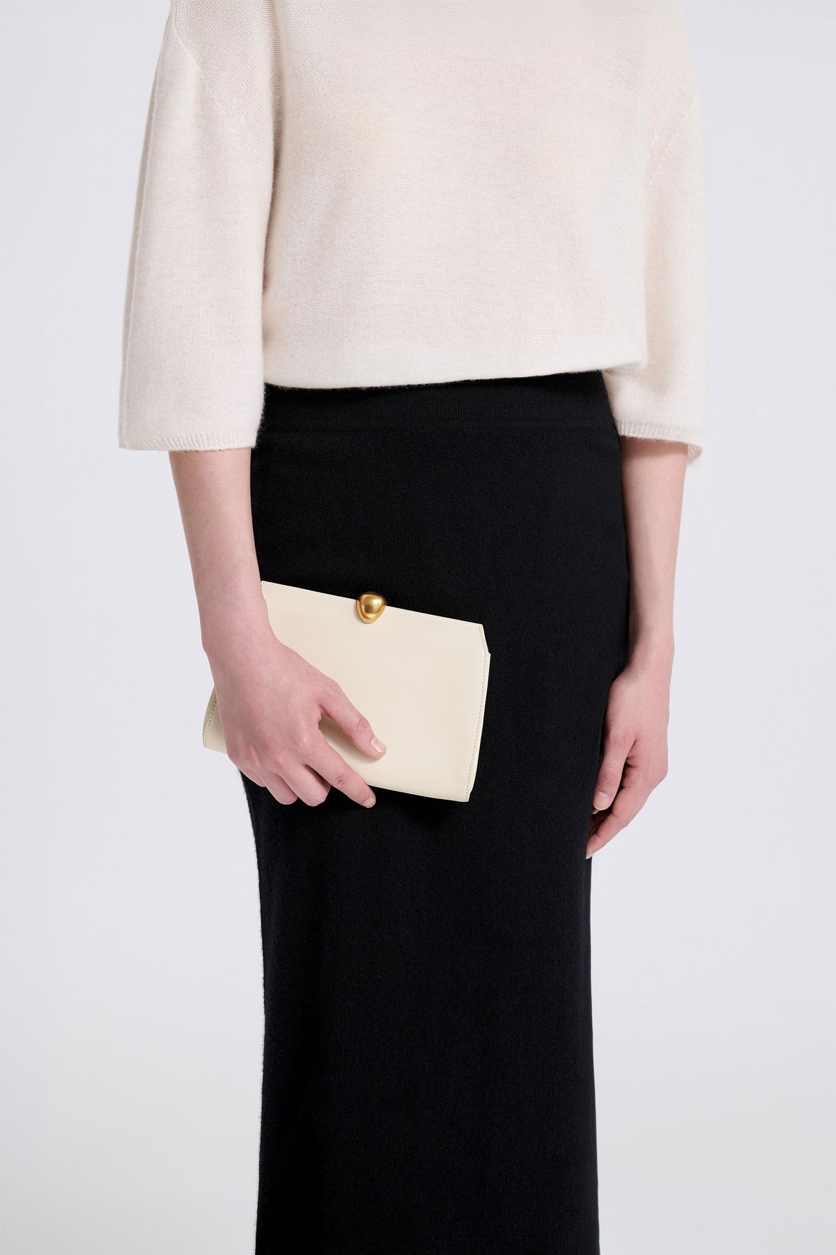 Model is Wearing Nour Hammour Lou Jewelry Calfskin Clutch Chantilly - Front