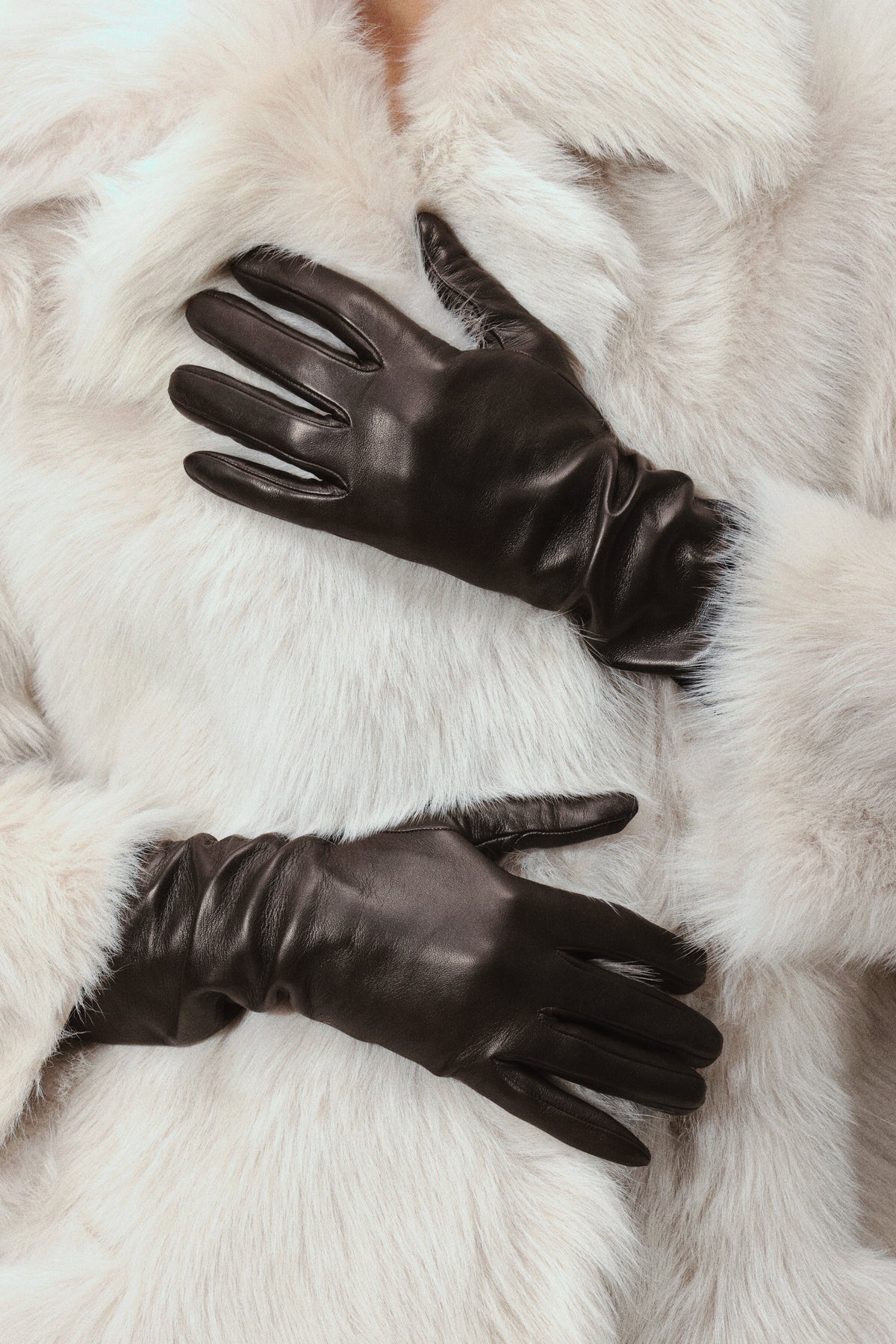 Model is Wearing Nour Hammour Elbow Long Leather Gloves Chocolate - Front