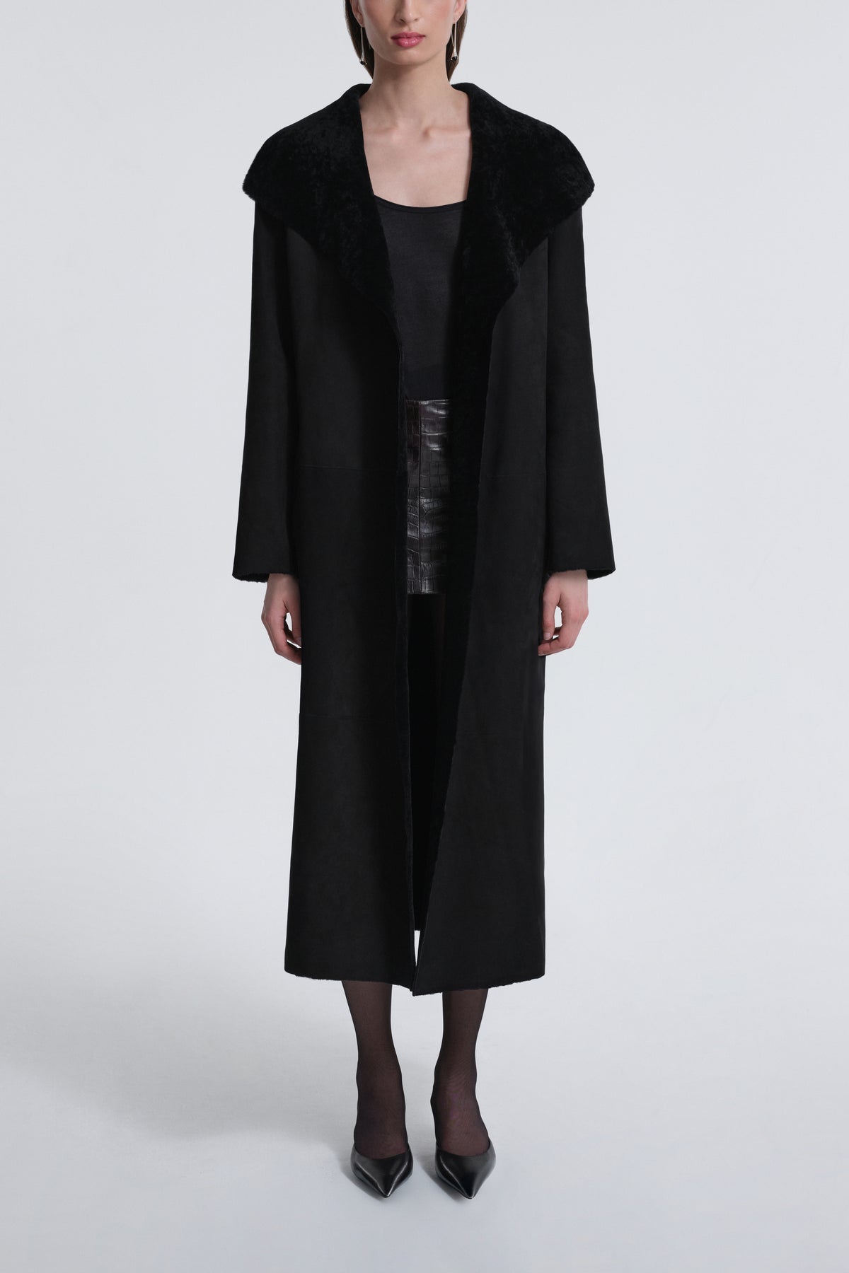 Model is Wearing Nour Hammour Birthday Coat Draped Merinos Coat Black - Front Open