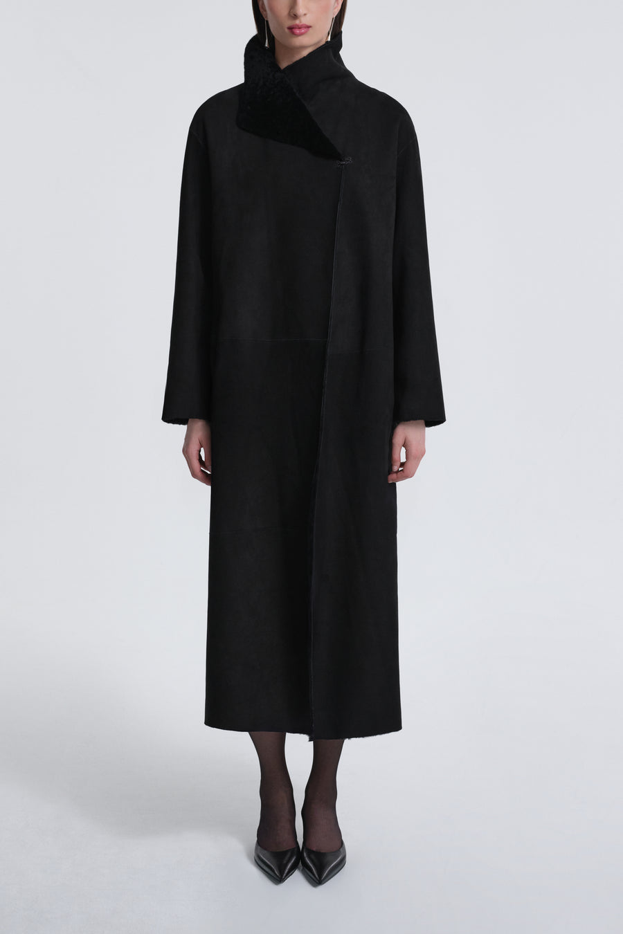 Model is Wearing Nour Hammour Birthday Coat Draped Merinos Coat Black - Front Closed