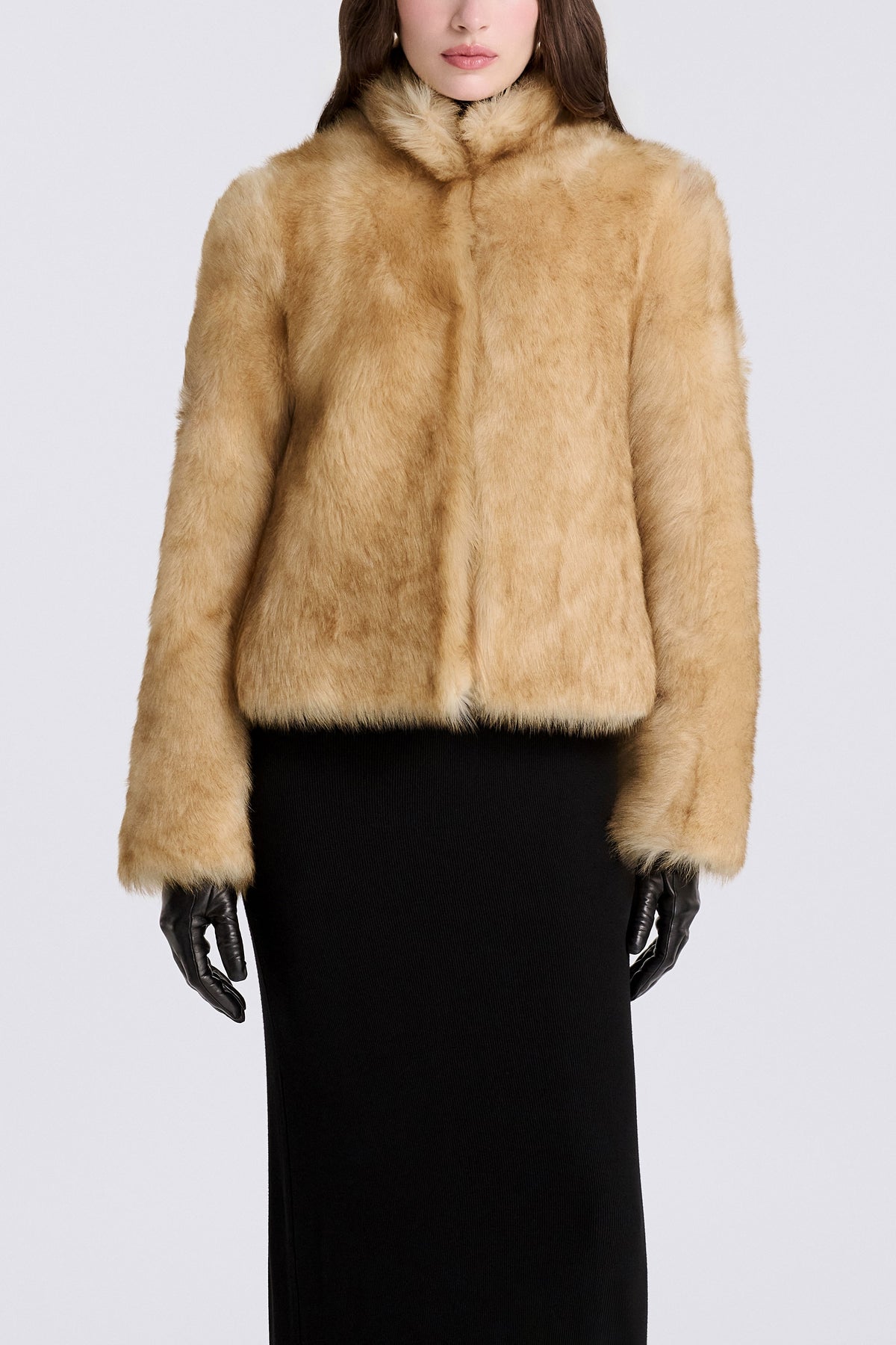 Model is Wearing Nour Hammour Mira Glamorous 90s Shearling Coat Natural Honey - Front