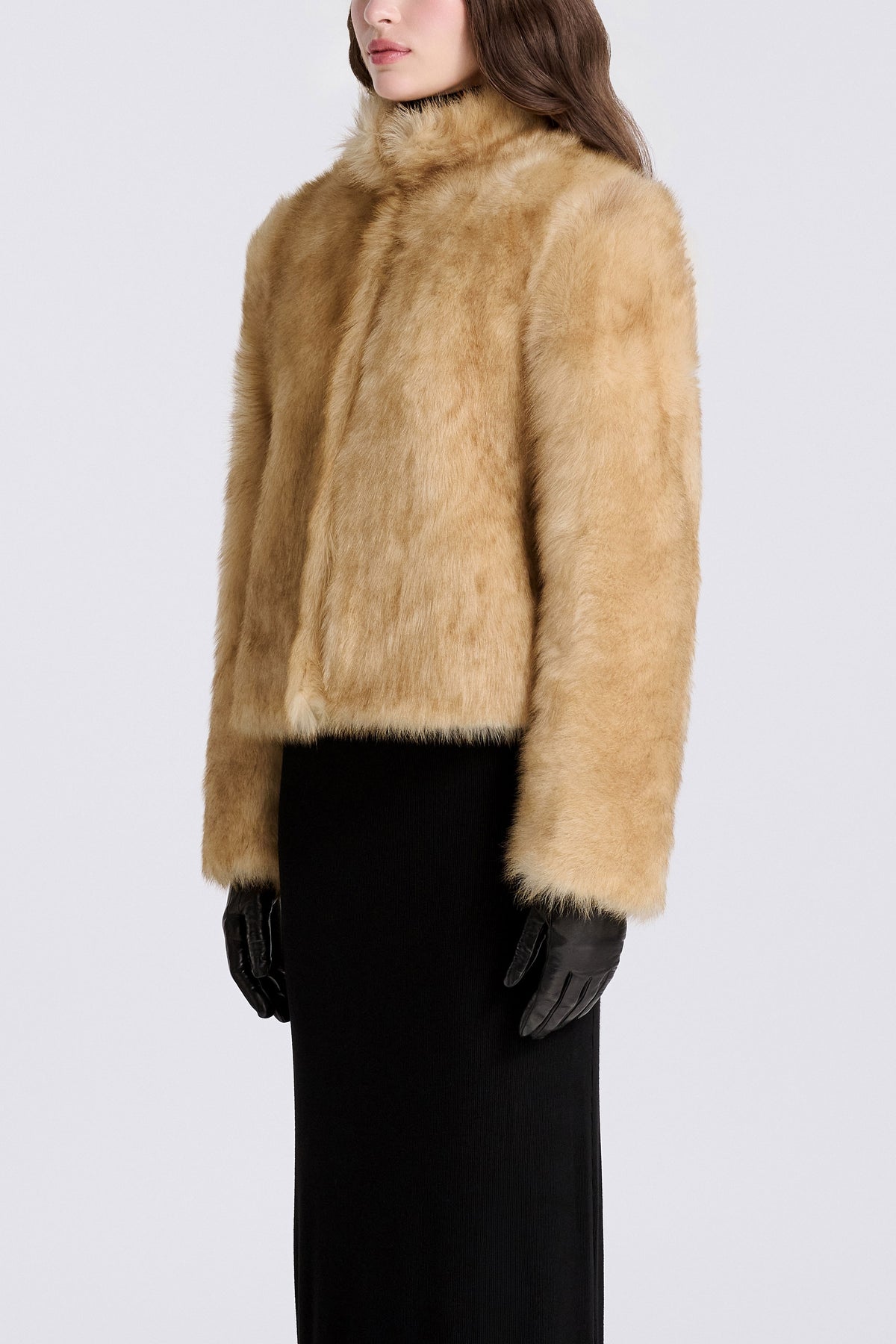 Model is Wearing Nour Hammour Mira Glamorous 90s Shearling Coat Natural Honey -  Three Quarters 
