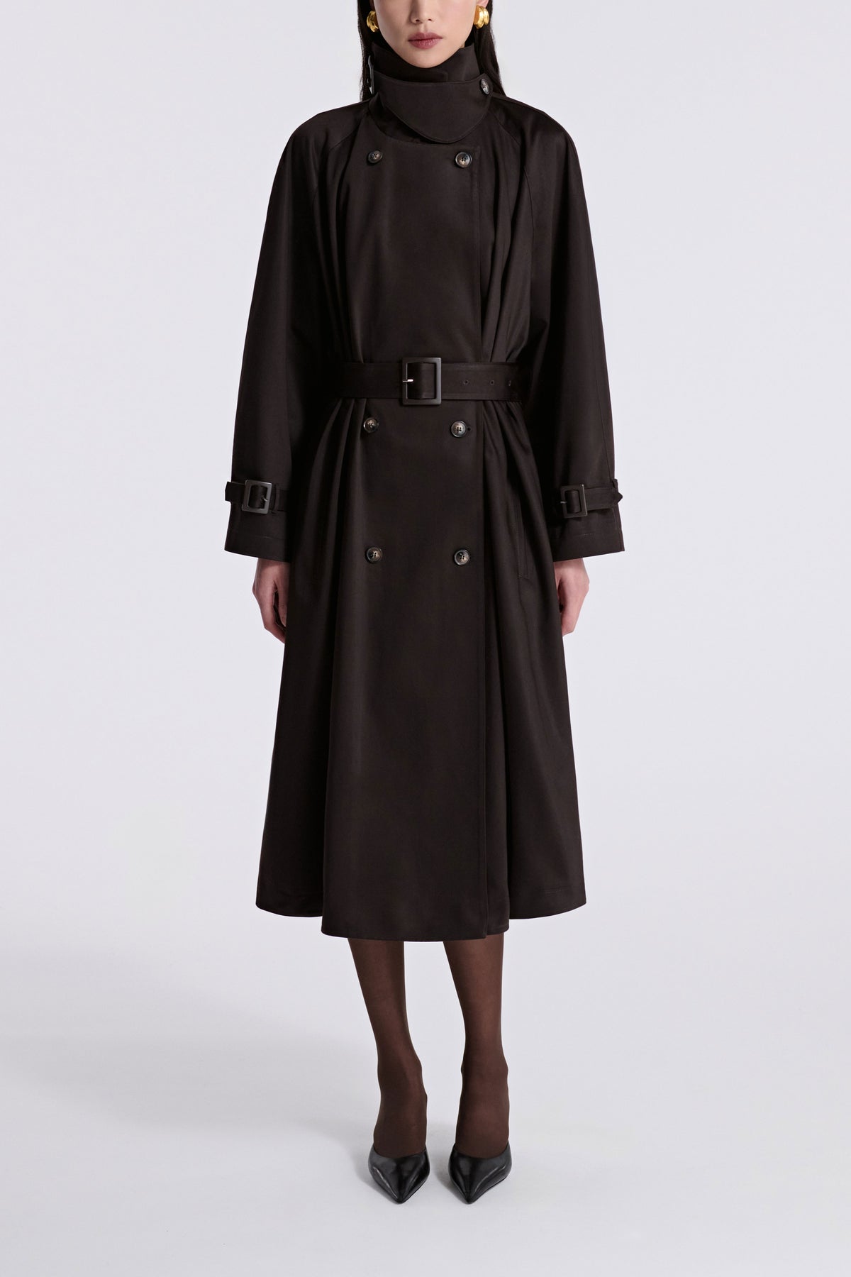 Model is Wearing Nour Hammour Marchand Elegant Cotton Trench Espresso - Front Closed