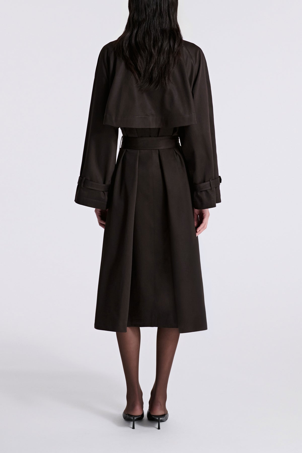 Model is Wearing Nour Hammour Marchand Elegant Cotton Trench Espresso - Back