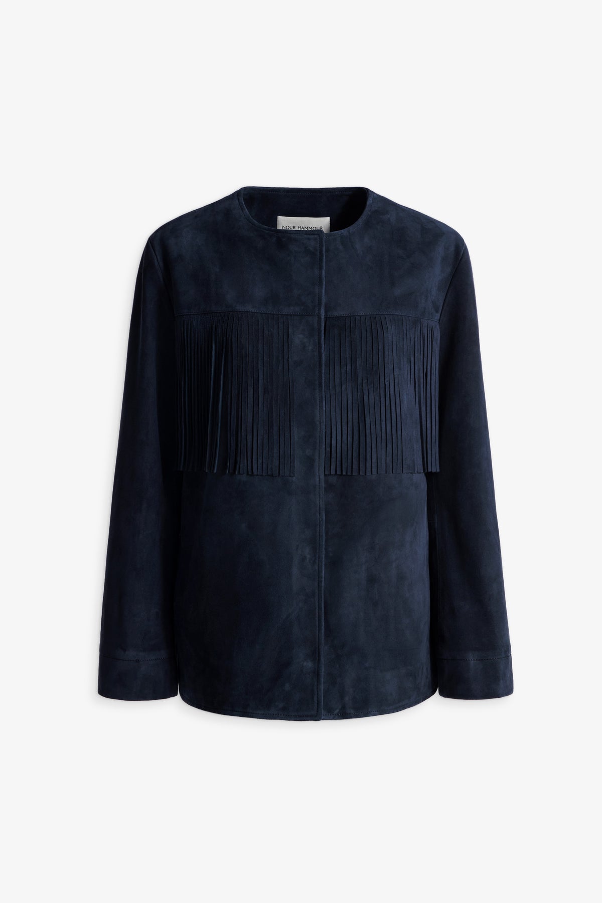 Nour Hammour Marfa Collarless Fringed Suede Jacket Navy - Silhouette