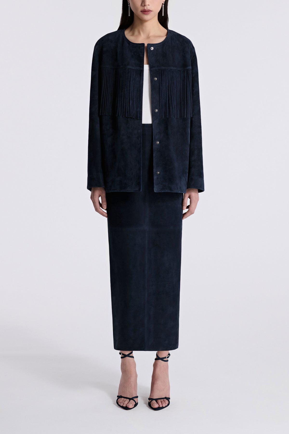 Model is Wearing Nour Hammour Marfa Collarless Fringed Suede Jacket Navy - Front Open