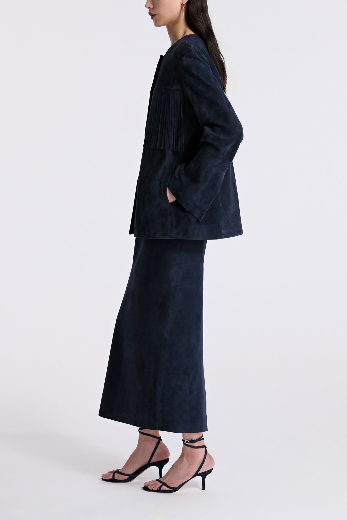 Model is Wearing Nour Hammour Marfa Collarless Fringed Suede Jacket Navy - Side