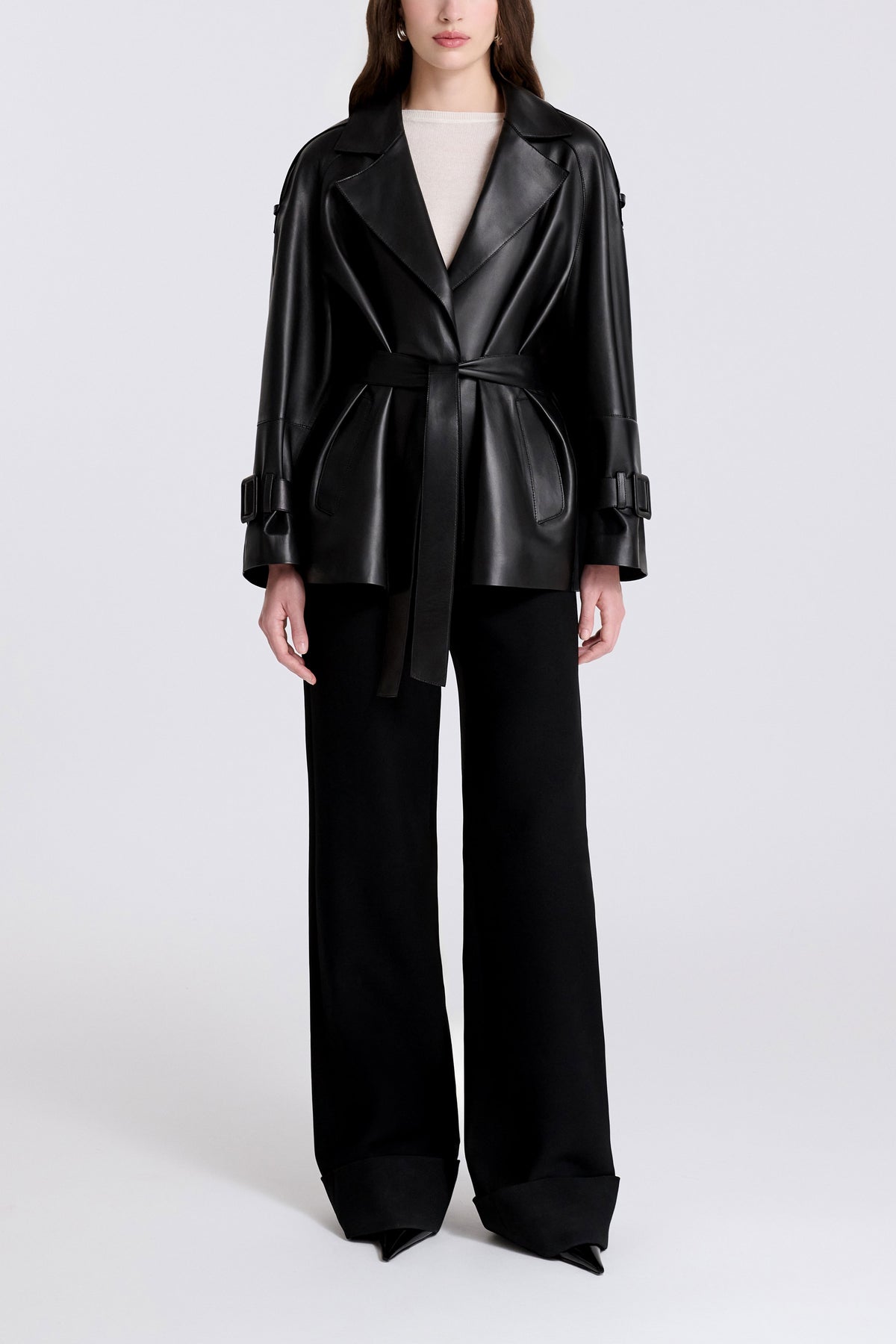 Model is Wearing Nour Hammour Nera Lightweight Cropped Leather Trench Black - Front 