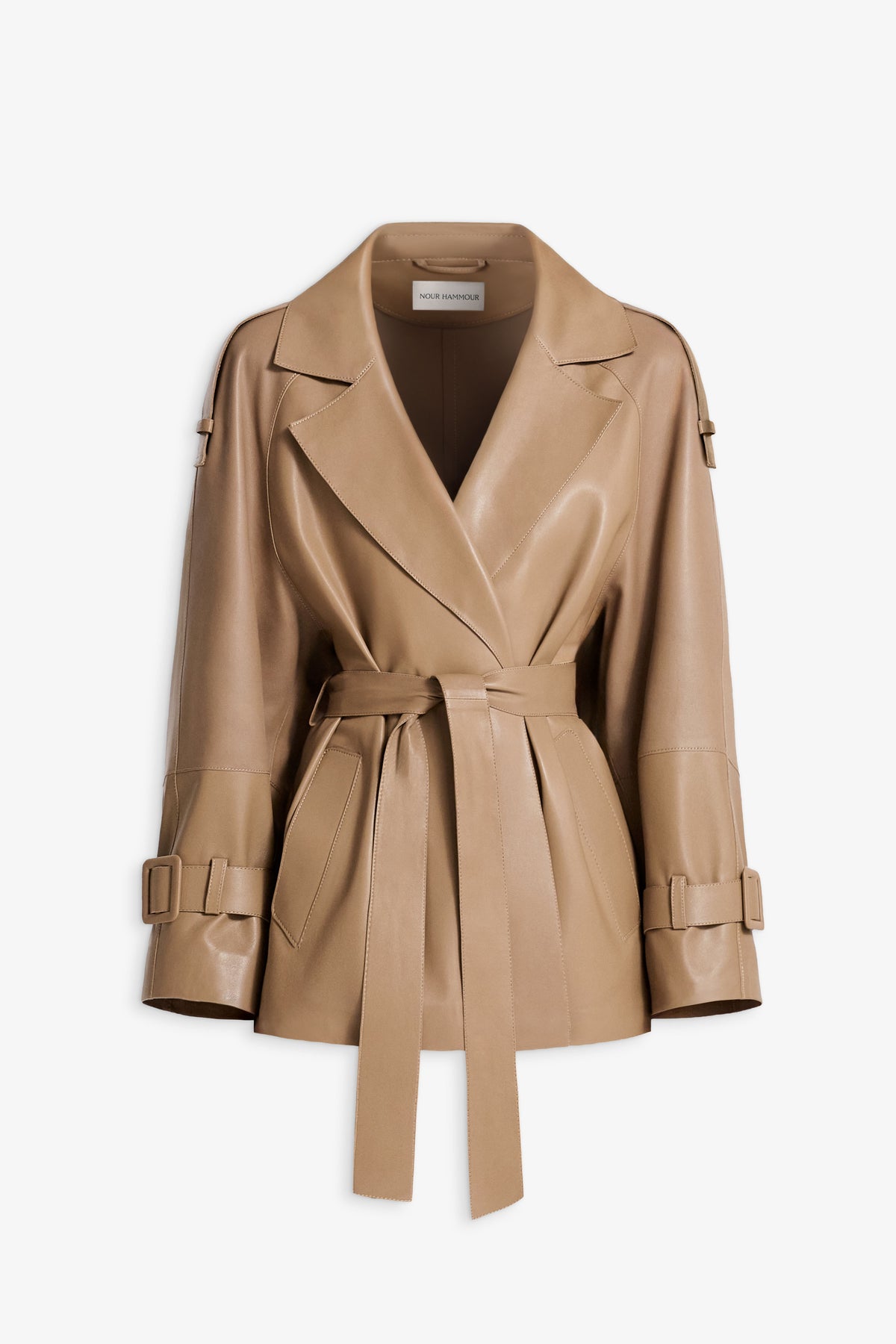 Nour Hammour Nera Lightweight  Cropped Leather Trench Raw Camel - Silhouette