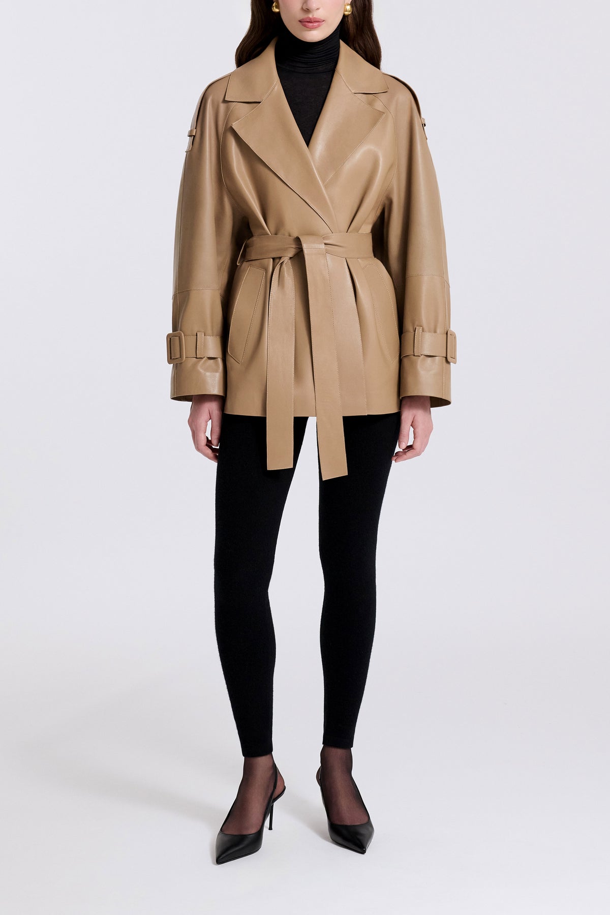 Model is Wearing Nour Hammour Nera Lightweight Cropped Leather Trench Raw Camel - Front