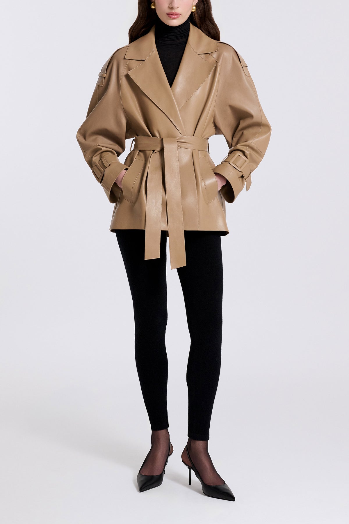Model is Wearing Nour Hammour Nera Lightweight Cropped Leather Trench Raw Camel - Front