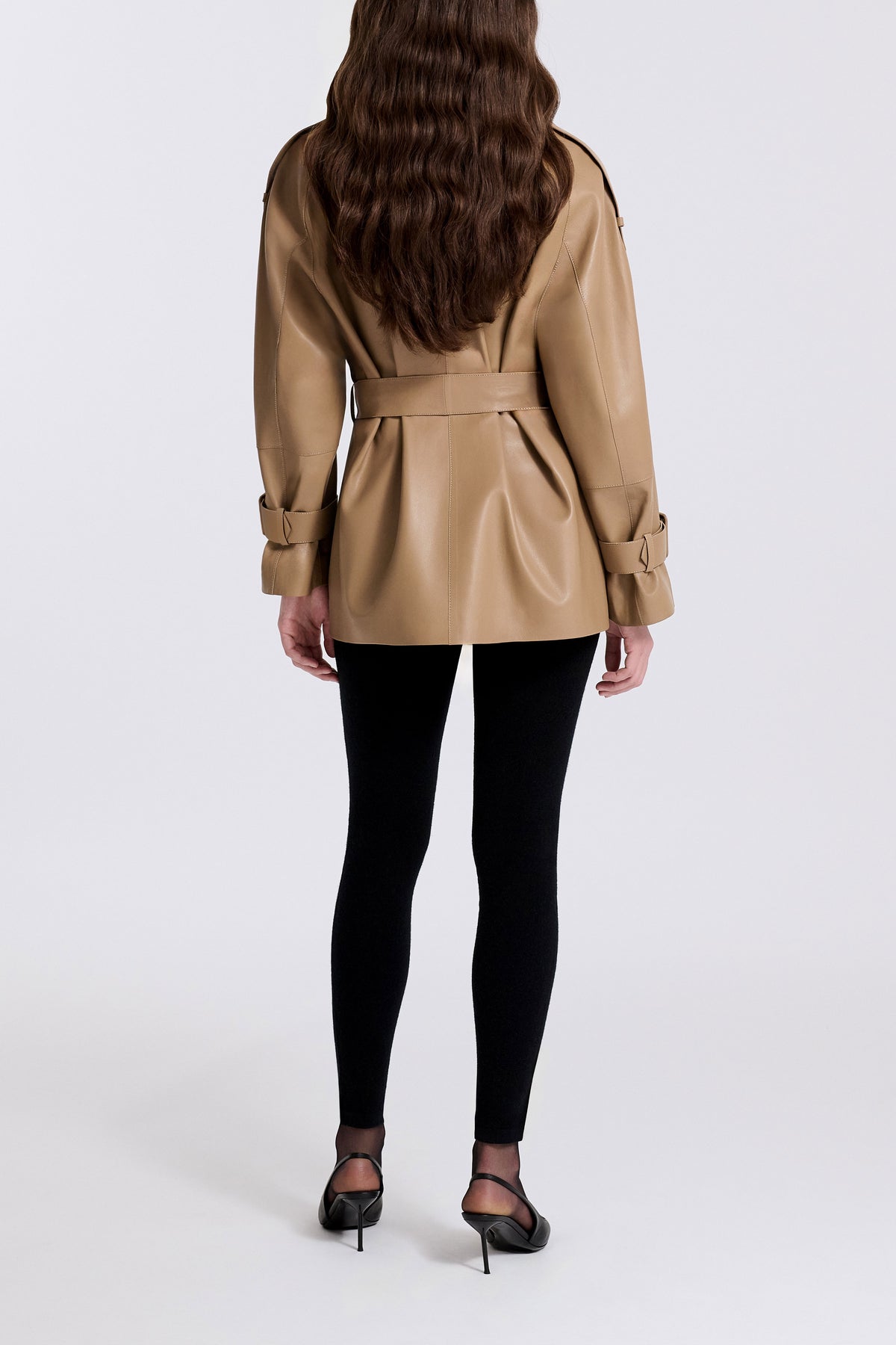 Model is Wearing Nour Hammour Nera Lightweight Cropped Leather Trench Raw Camel - Back