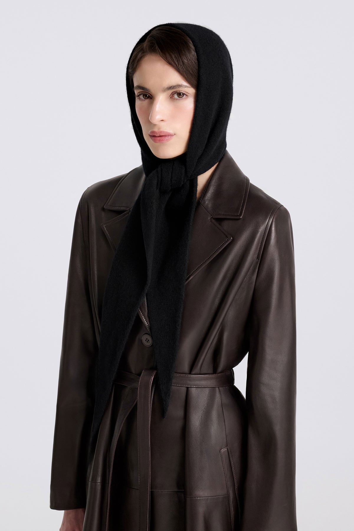 Model is Wearing Nour Hammour Niale Cashmere Foulard Black - Front