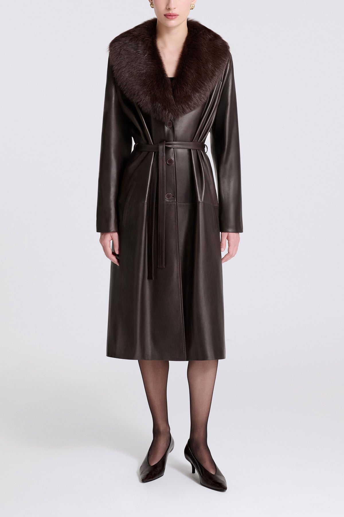 Model is Wearing Nour Hammour Niven Glamorous Relaxed Trench Dark Brown - Front