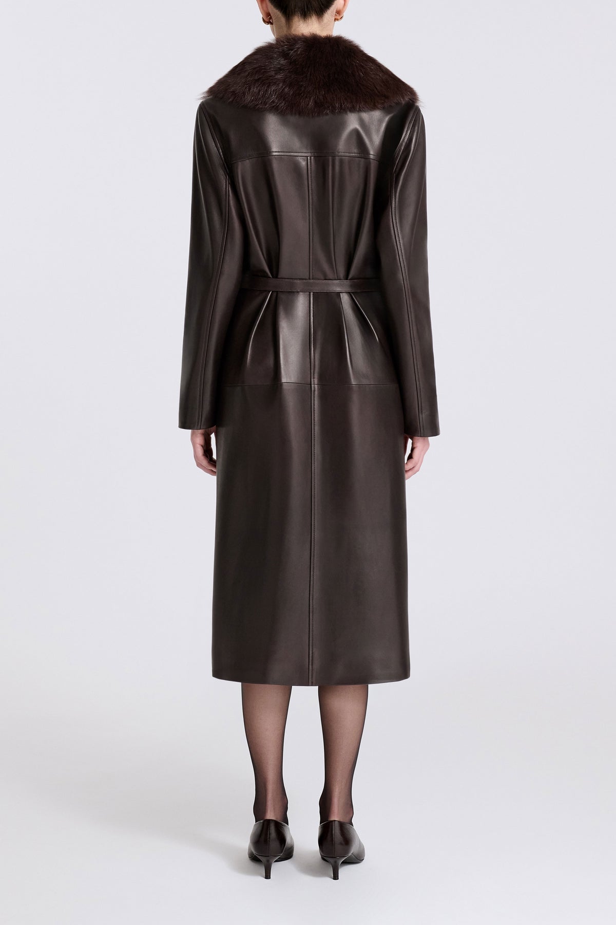 Model is Wearing Nour Hammour Niven Glamorous Relaxed Trench Dark Brown - Back