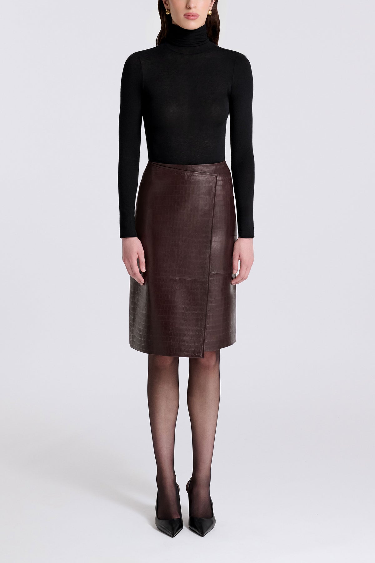 Model is Wearing Nour Hammour Origami Croco Leather Wrap Skirt Brown Croco - Front 