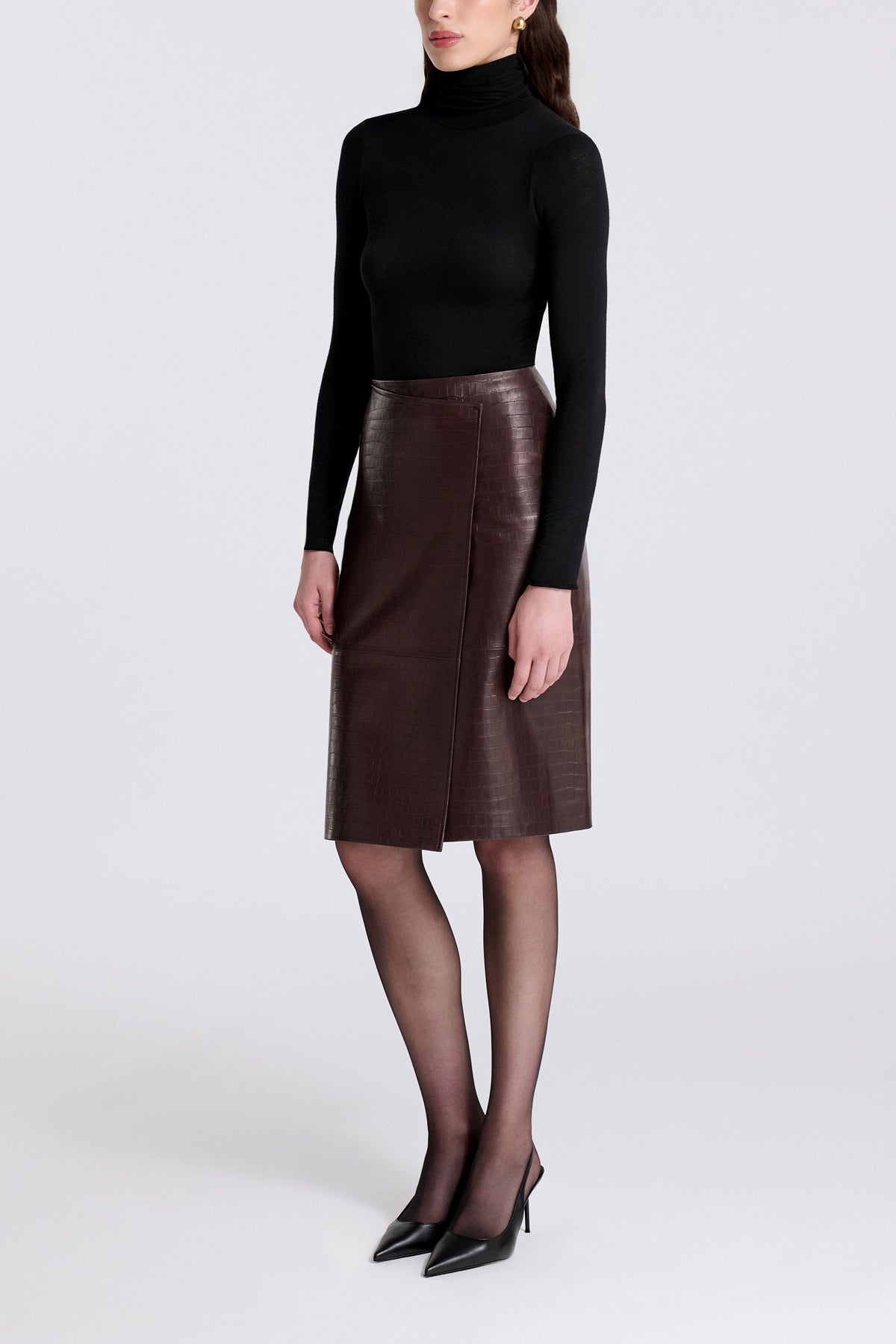 Model is Wearing Nour Hammour Origami Croco Leather Wrap Skirt Brown Croco - Three Quarters 