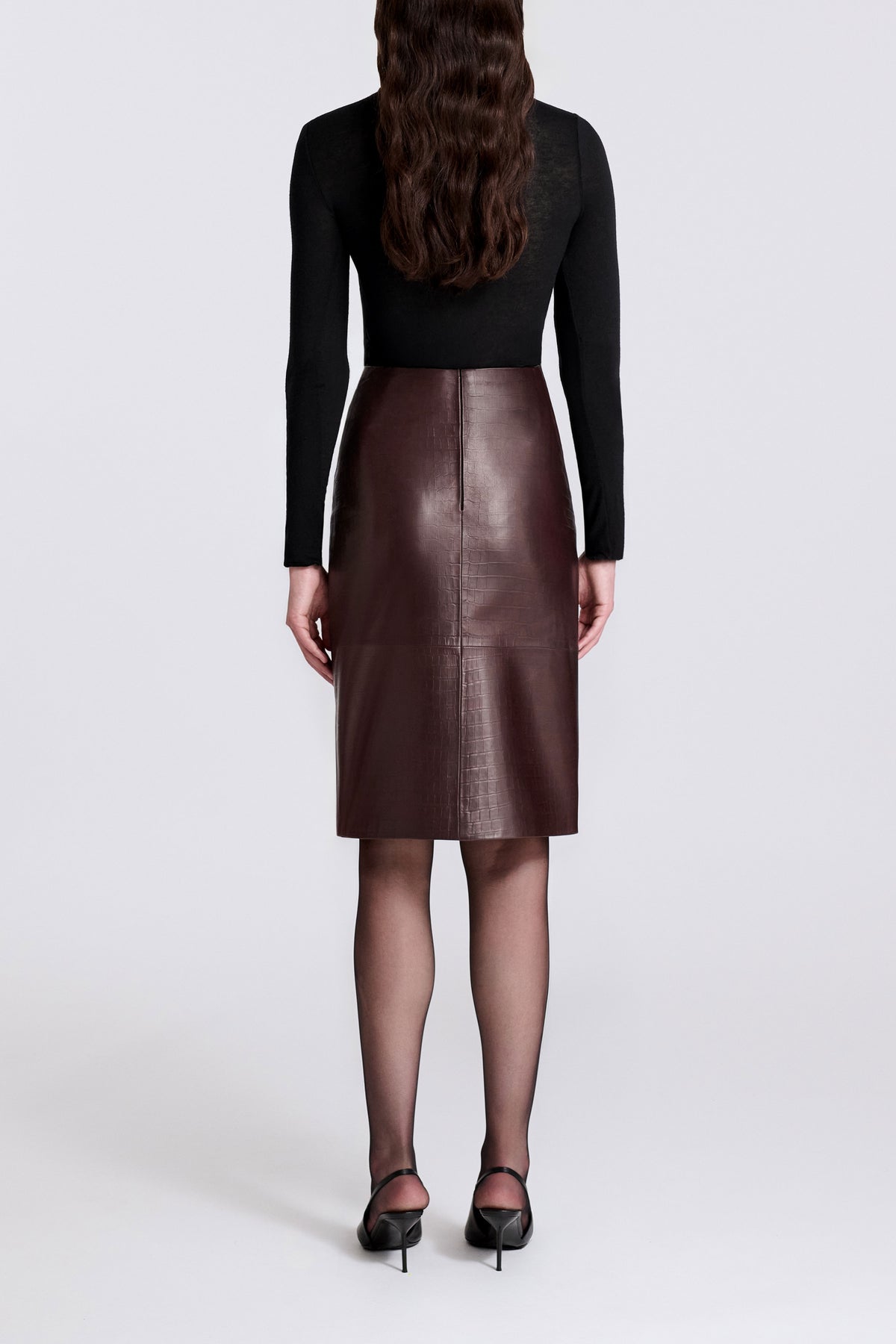 Model is Wearing Nour Hammour Origami Croco Leather Wrap Skirt Brown Croco - Back