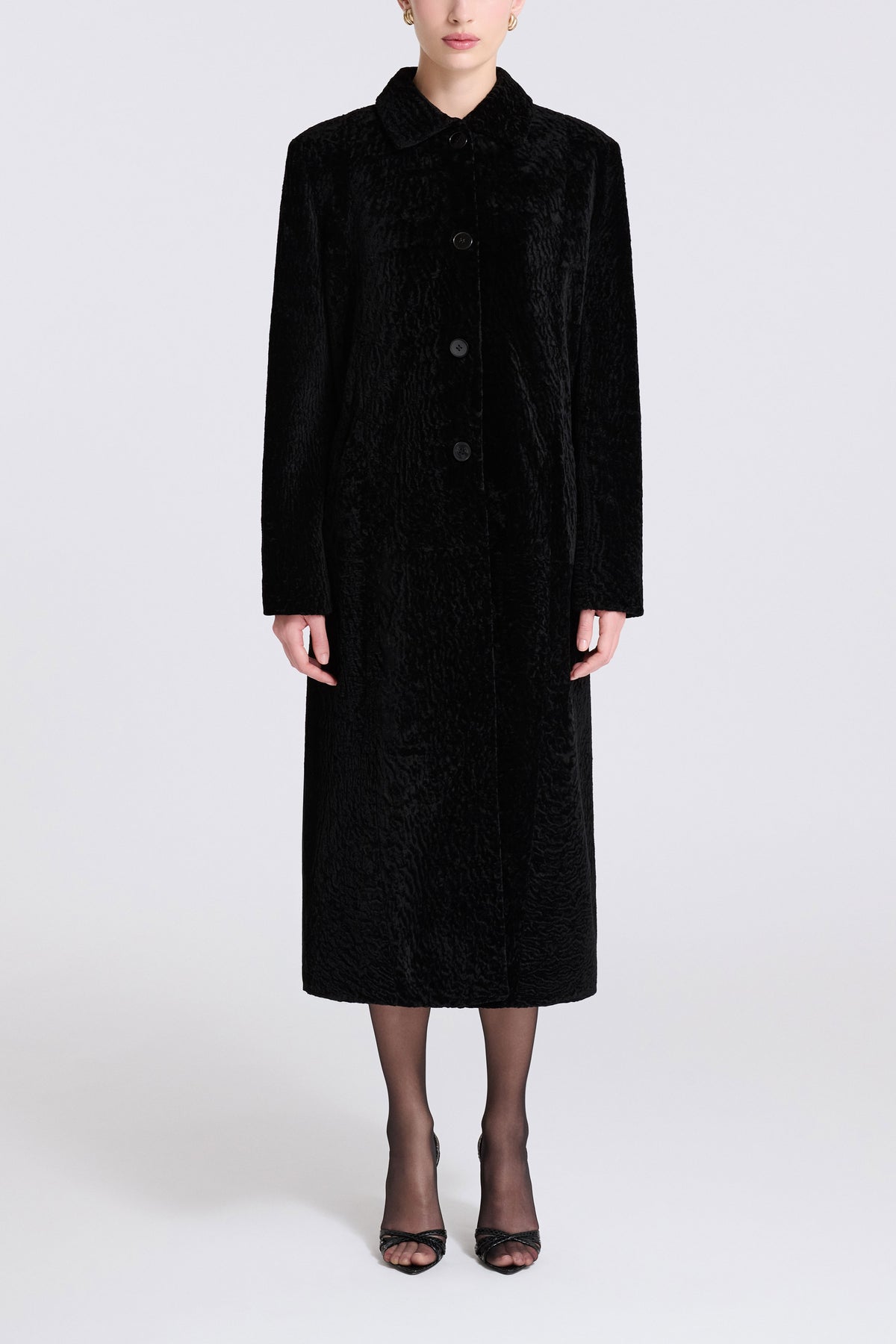 Model is Wearing Nour Hammour Paloma Marbled Shearling Overcoat Black Astrakhan - Front